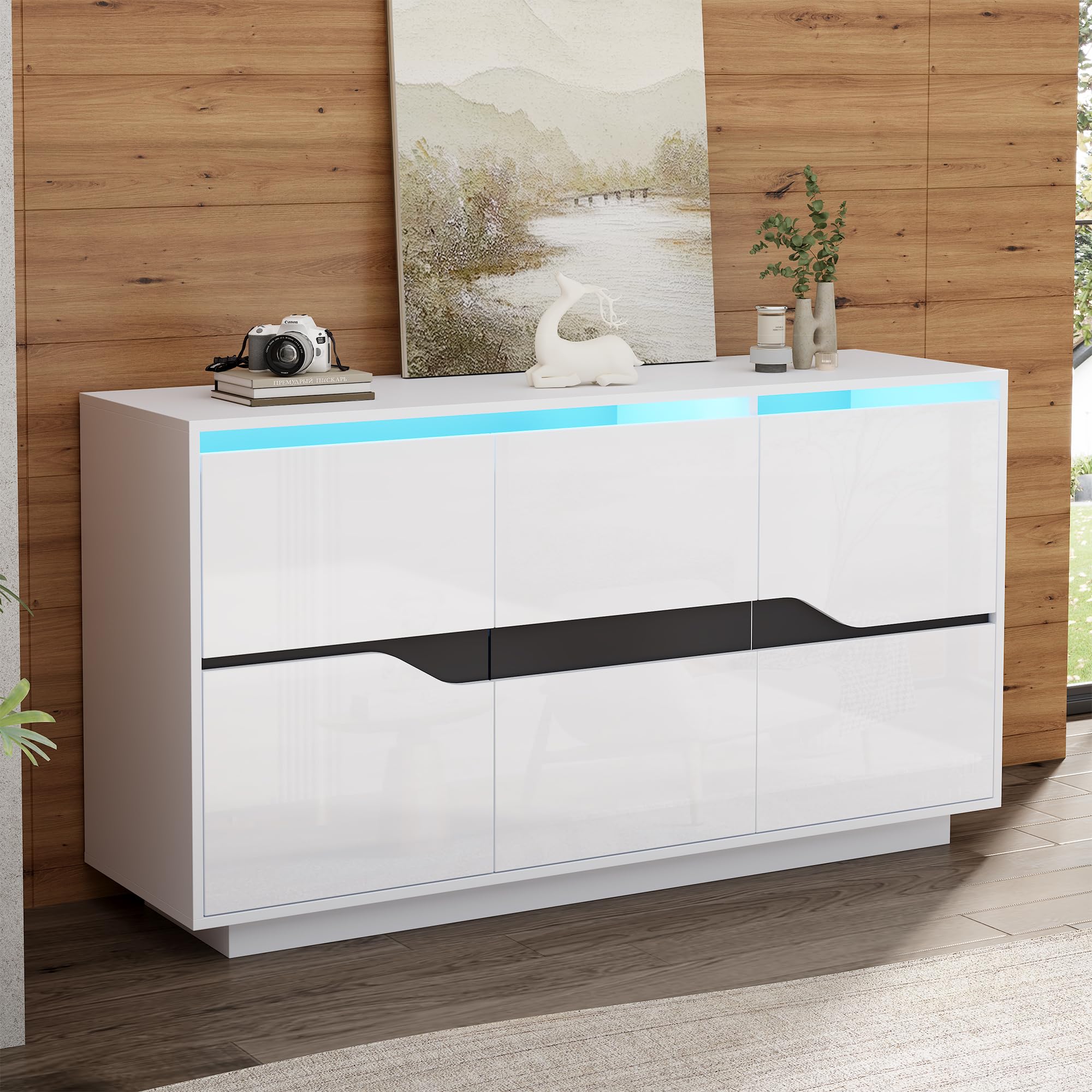 Merax Sideboard Hochglanz Weiß mit LED, Küchenschrank mit 3 Türen, Anrichte mit Verstellbares Regal, Buffetschrank Mehrzweckschrank mit viel Stauraum, Flurschrank für Wohnzimmer, Esszimmer, 140cm