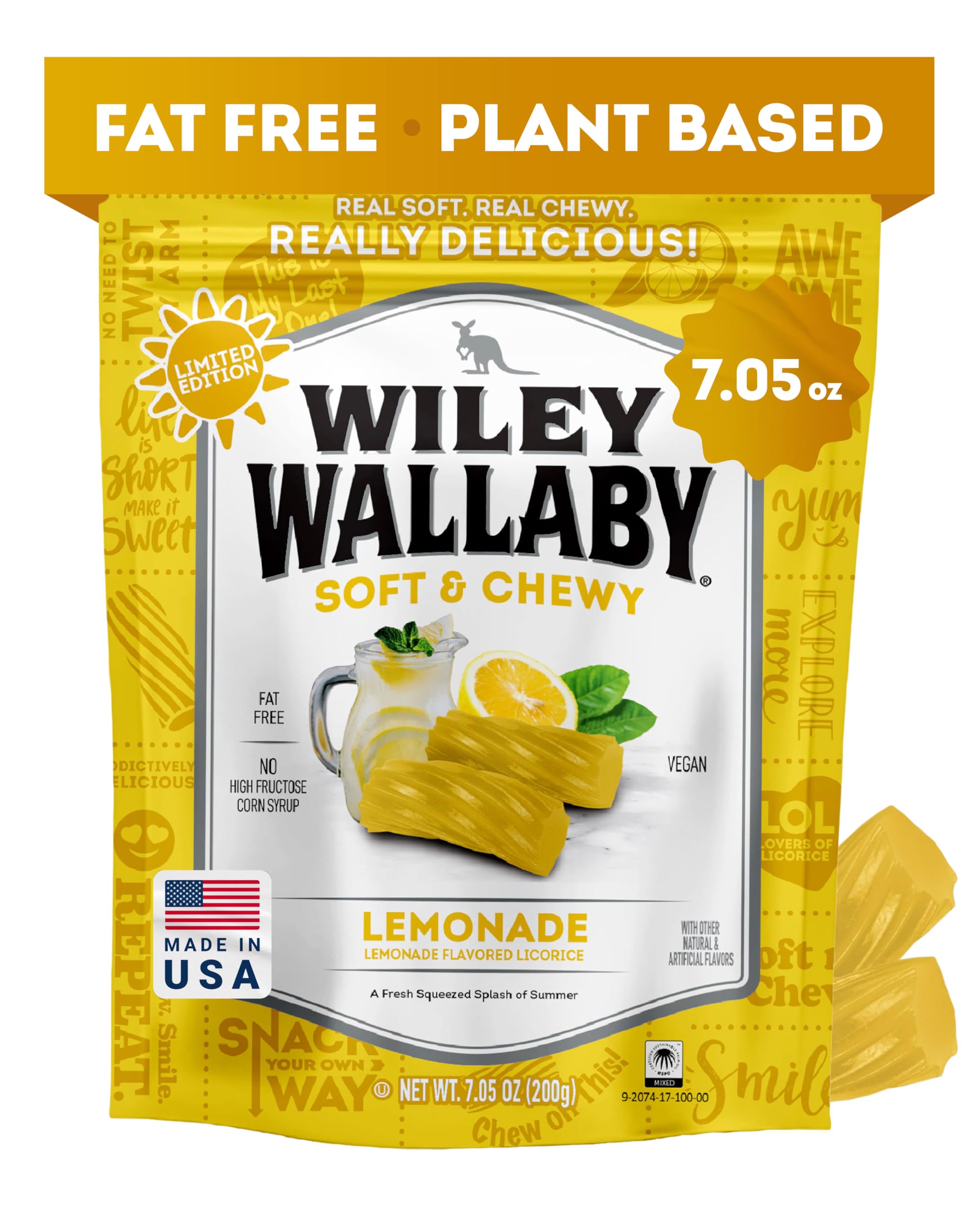 Wiley Wallaby Licorice 7.05 Ounce Classic Gourmet Soft & Chewy Australian Lemonade Licorice Candy Twists, 1 Pack