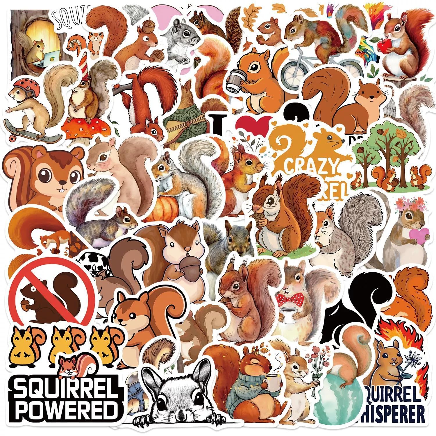 AUCEKO 50 Stück Eichhörnchen Aufkleber Pack Squirrel Sticker Set wasserdichte Vinyl Sticker für Laptop Kinder Autos Motorrad Fahrrad Skateboard Gepäck Koffer Computer Aufkleber Graffiti Decal