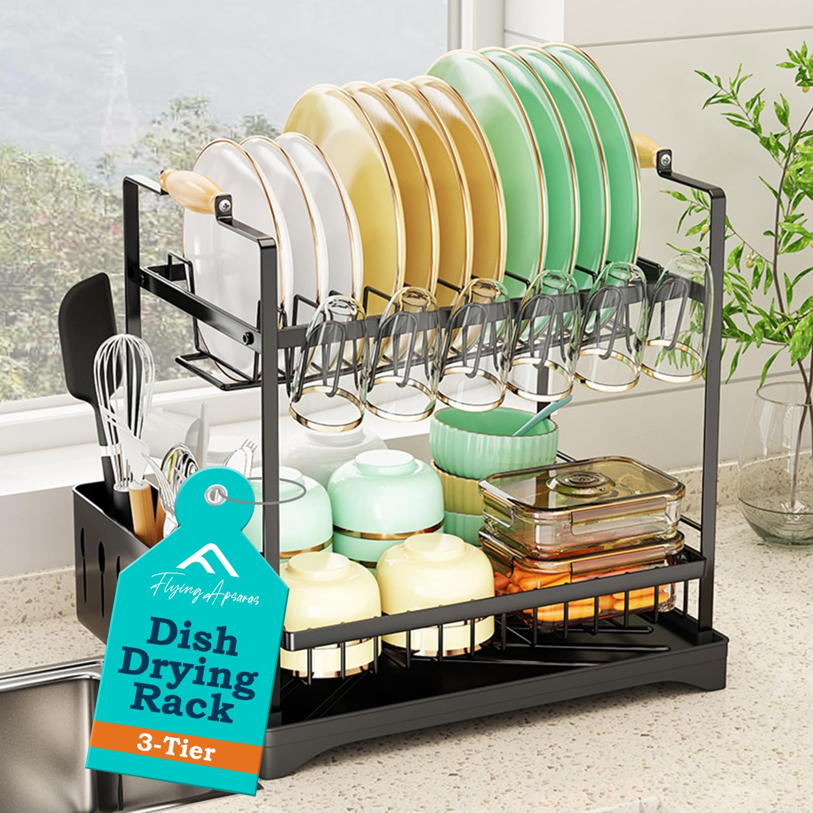 APSARAS USA 2-Tier Dish Drying Rack, Dish Rack with Wooden Holder Over The Sink Dish Drying Rack Kitchen, Rustproof Kitchen with Drainboard,16.5"x9.8"