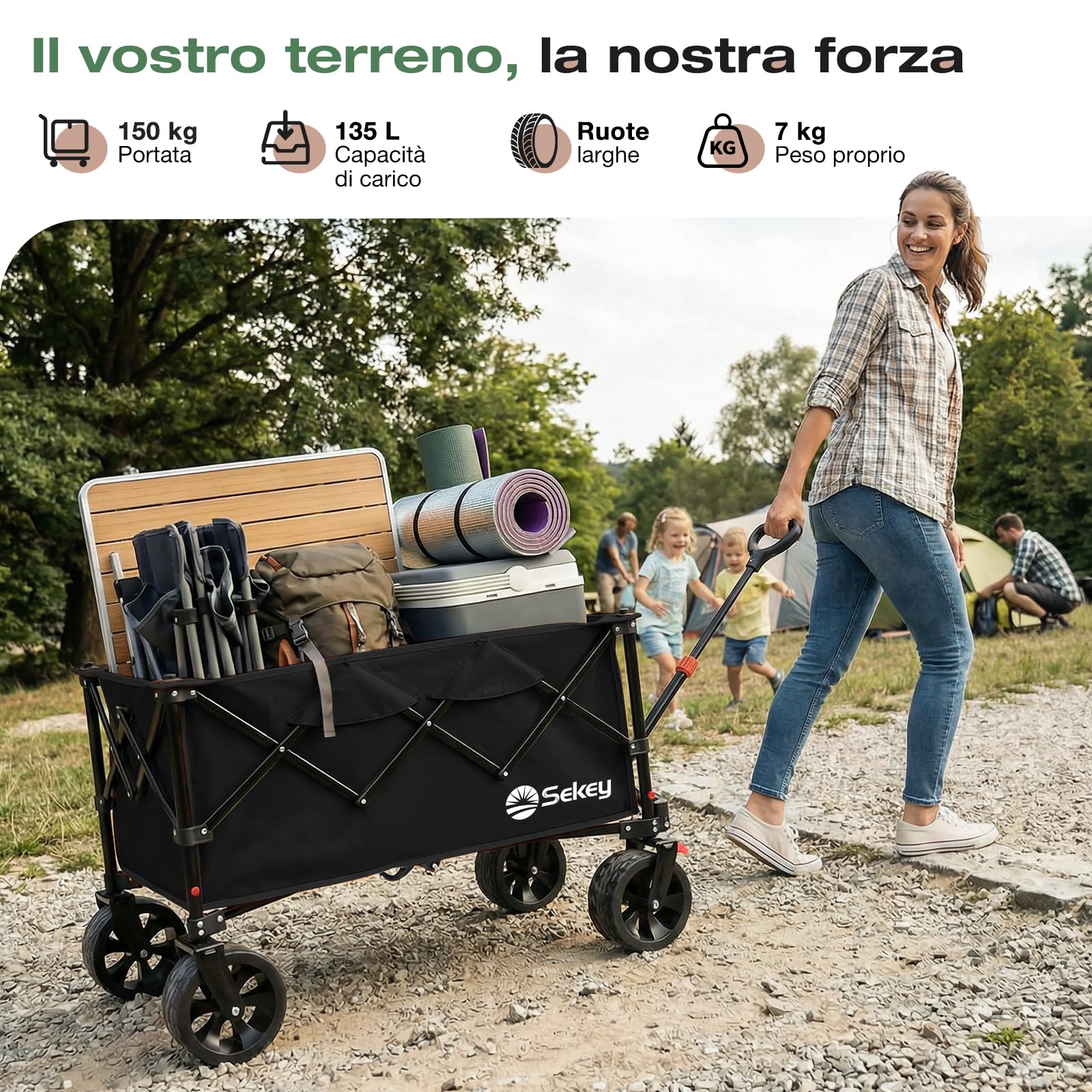 Sekey Carrello Pieghevole XXL 135L, Capacità di Carico 150KG, Ruote 17x8,5 cm con Freno, Montaggio Istantaneo Brevettato 4 Vie, Carrello Portacarichi Leggero SE4031, Nero