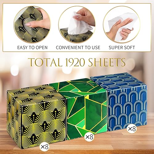 Miniatura 5 de 24 cajas de pañuelos, cajas de pañuelos faciales, cajas de pañuelos geométricos con diseño de flores, 2 capas, 80 hojas cada caja, pañuelos faciales