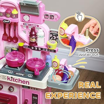 AIYAPLAY Kids Kitchen, 33-Pc Play Accessories, Lights, Ages 3-6, Pink
