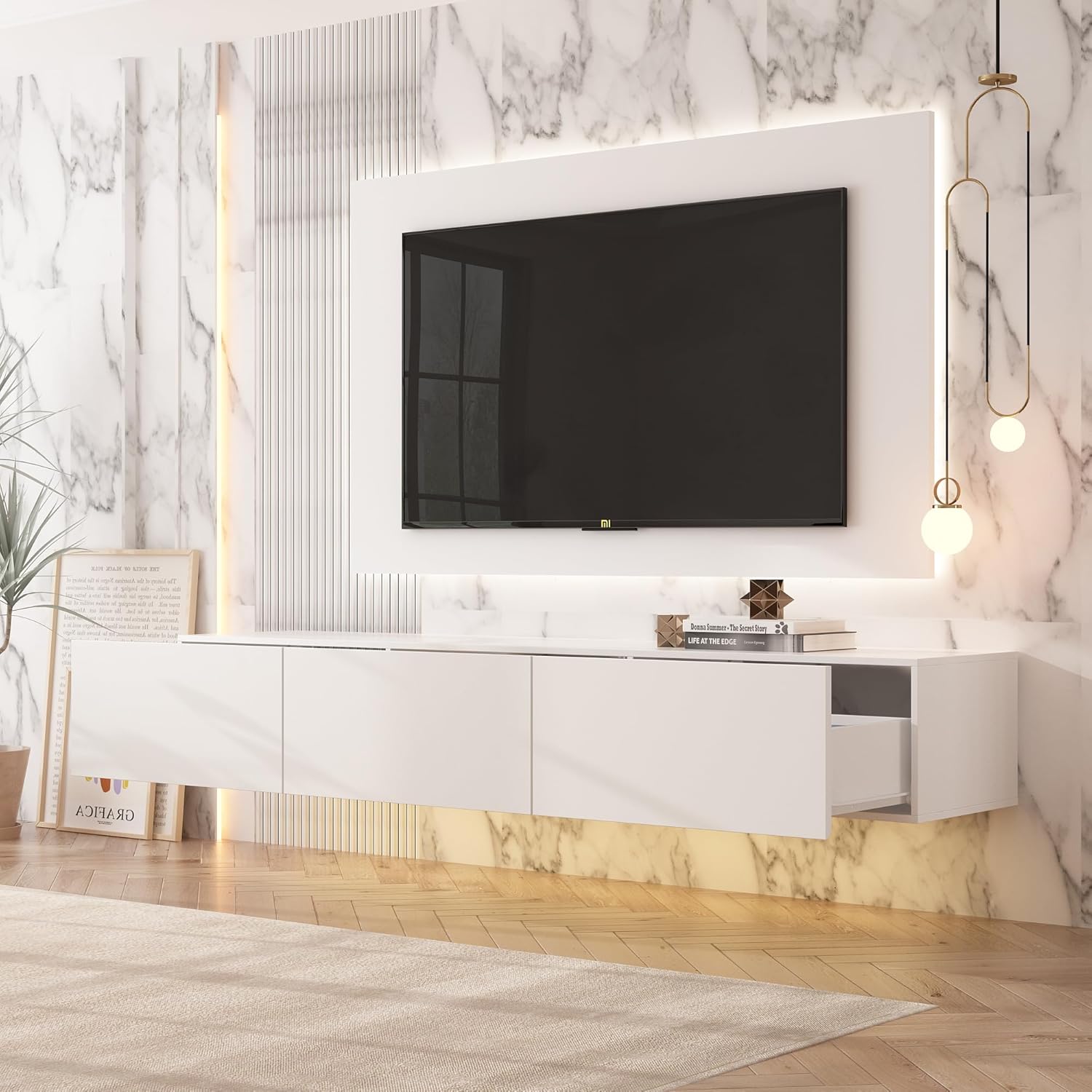 AIEGLE Floating TV Stand Wall Mounted, Non-Glossy Entertainment Center with 3 Drawers & 16-Color LED Lights, Modern TV Cabinet Console Shelf, White 63" W