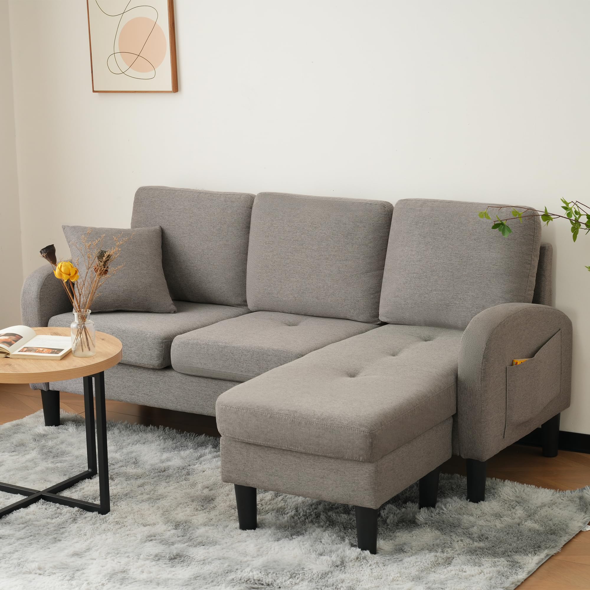 Divano angolare a forma di L con chaise longue - Divano a 3 posti, 166 x 118 x 77 cm, tessuto in lino di cotone traspirante, design modulare, ideale per soggiorno, appartamenti e uffici