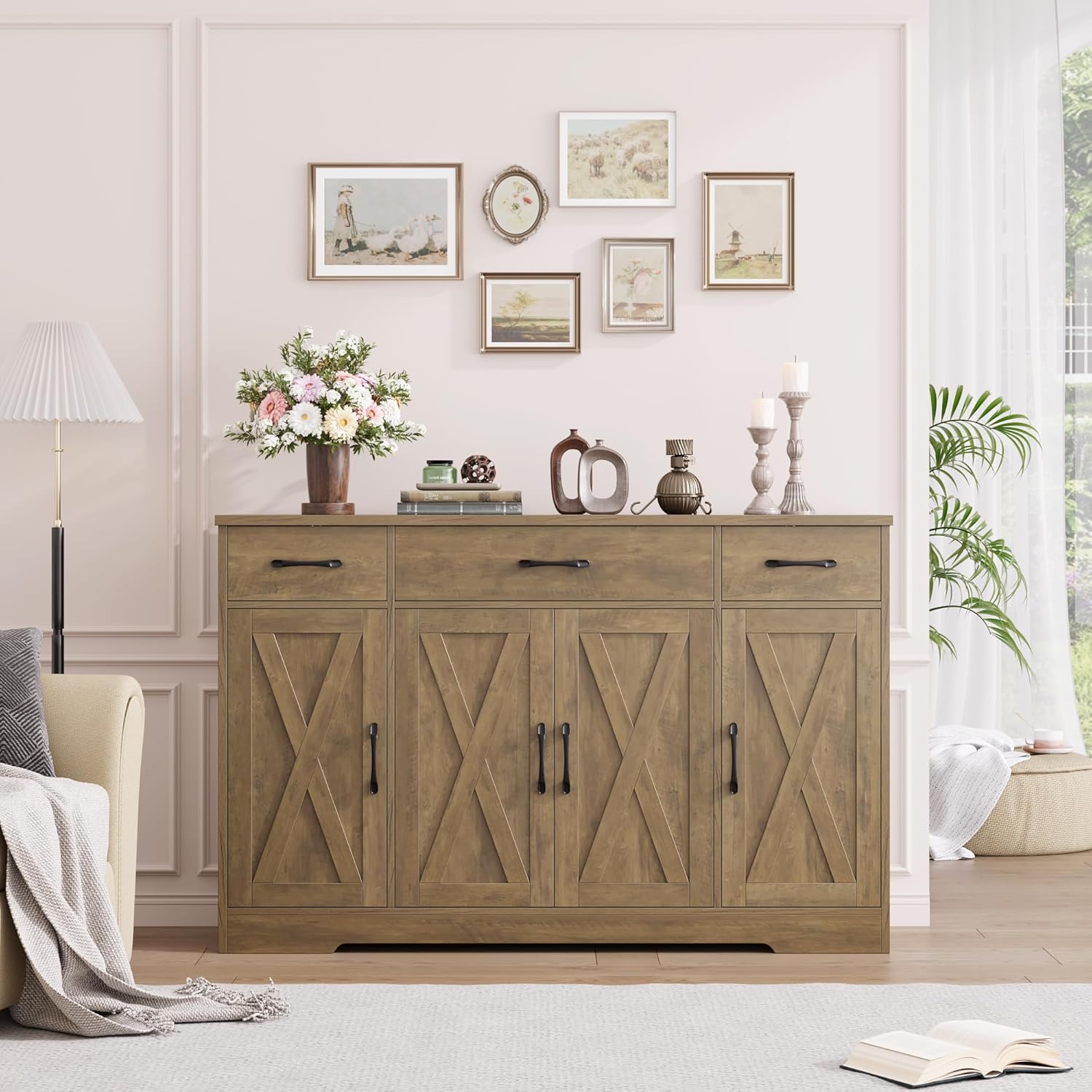 Top drawers of the HOSTACK Buffet Sideboard Cabinet, showcasing storage for various items.