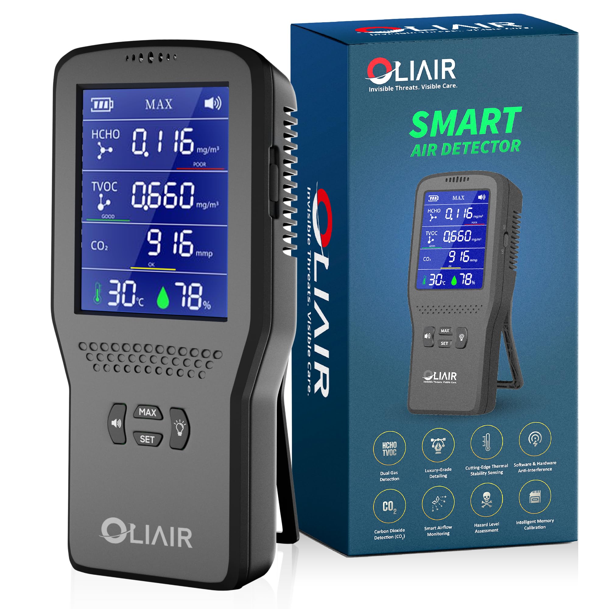 Oliair Portable Air Quality Detector for Home, Office & Car | CO₂, HCHO, TVOC, Temperature & Humidity Meter | Rechargeable Indoor Air Pollution Monitor with Digital Display