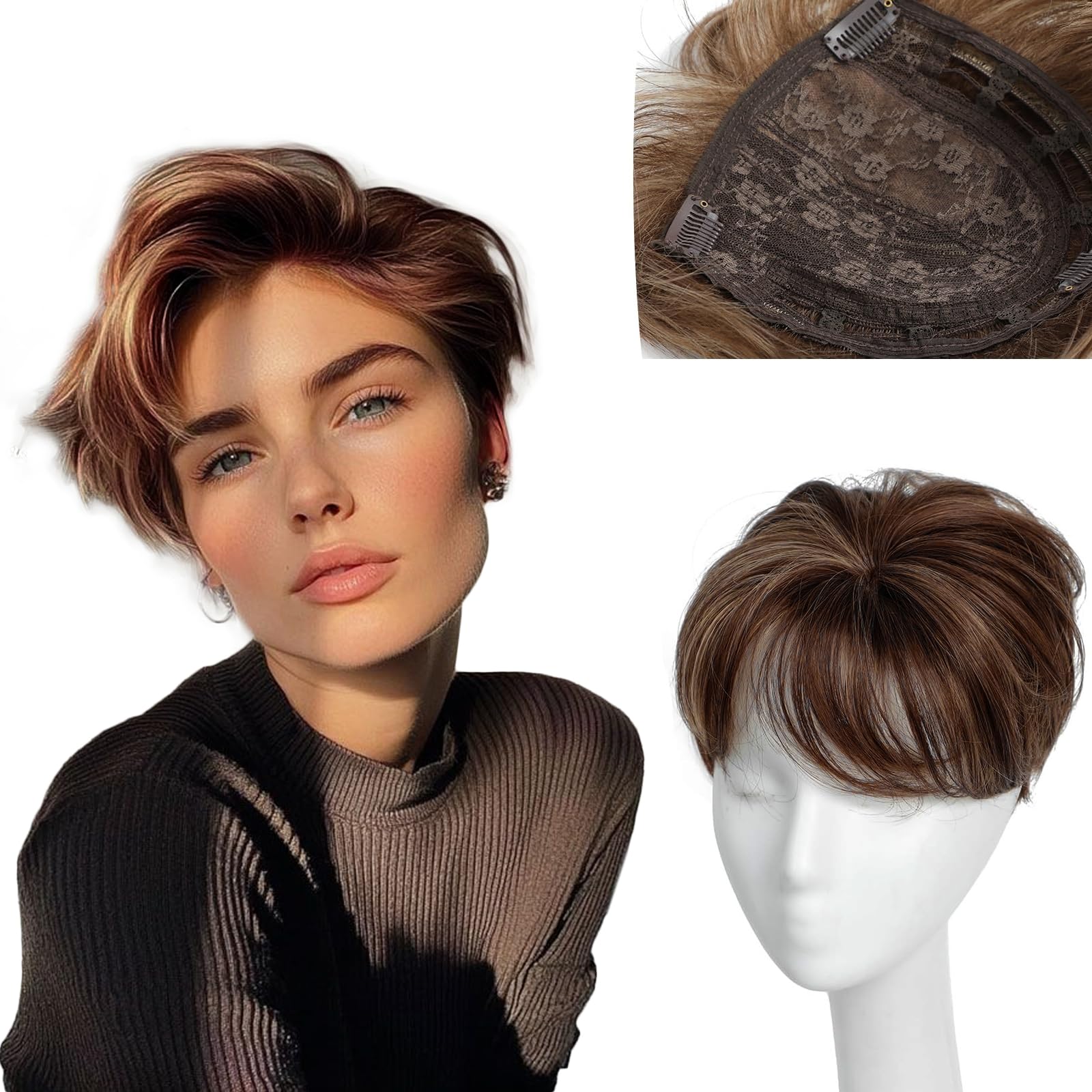 LMXMGRG Short Hair Toppers for Women with Thinning Hair Brown Highlight Hair Topper with Bangs Clip In Toppers Hair Pieces for Women Wiglets