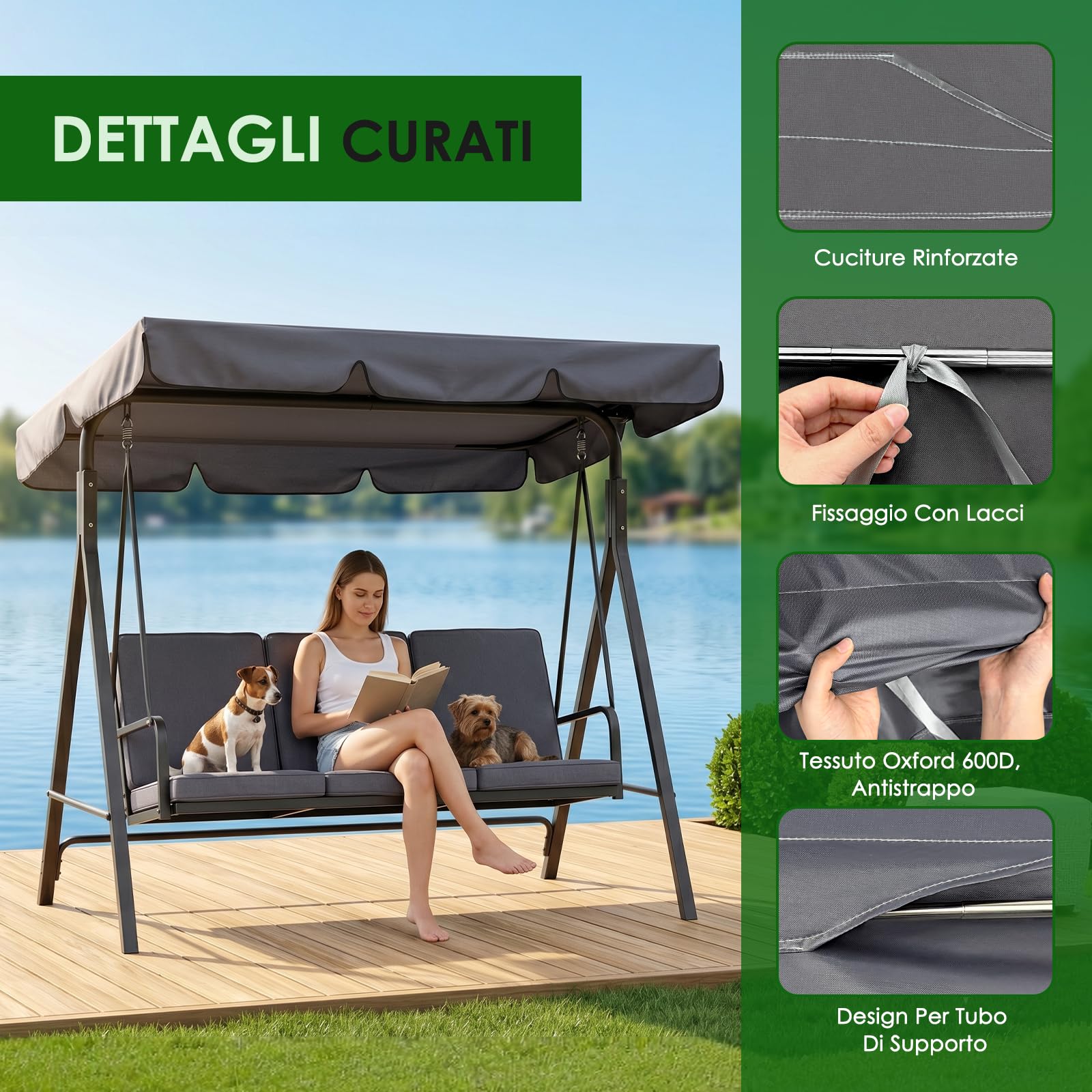 Tetto di Ricambio per Dondolo da Giardino (200×120cm) | Grigio, Poliestere, Impermeabile, Anti-UV, Per dondolo da giardino a 3 posti, Facile da installare