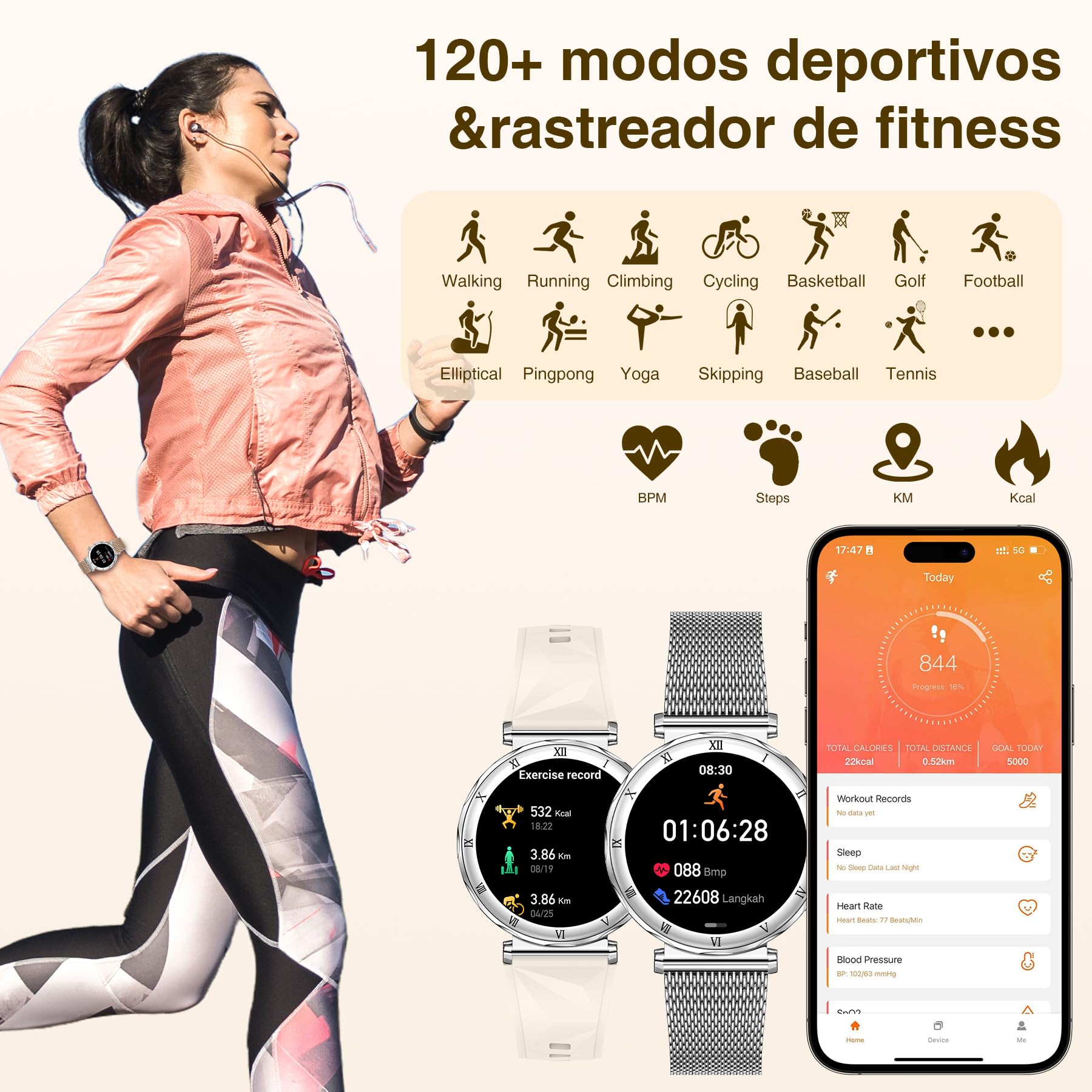 Reloj Inteligente Mujer Redondo(3 Correas) Smartwatch 1,19" AMOLED Responder/Hacer Smart Watch Compatible iPhone Android Monitorear Sueño/SpO2/FC, 120 Modos Deportivos IP68 Resistente Agua, Plateado