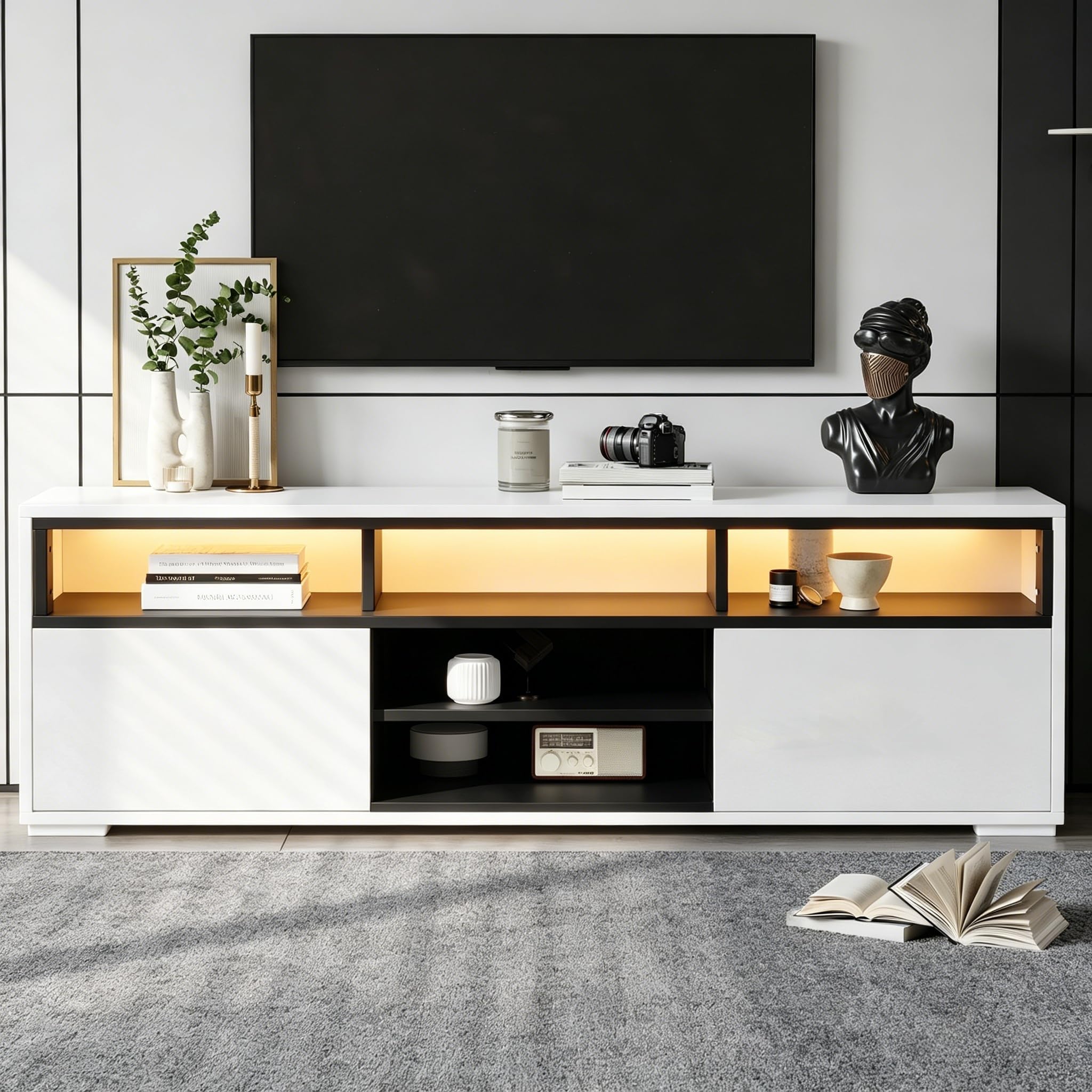 Mueble bajo para TV de alto brillo de 150 x 35 x 50 cm, con espacio de almacenamiento, 2 puertas, 8 almacenes, color blanco