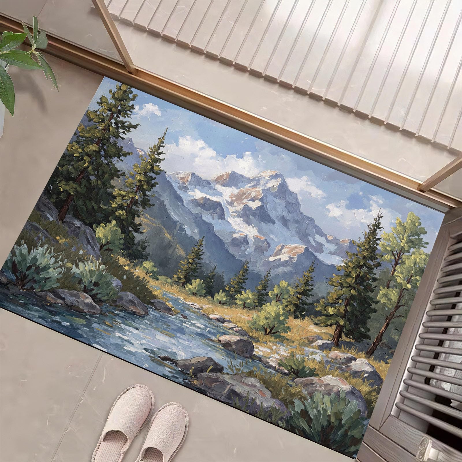 Fußmatte Innen 80x120cm, Bergwälder Bäche rutschfeste Fußmatte für den Innenbereich, Retro-Schneelandschaft Fußabtreter Türmatte wasserabsorbierende Schmutzfangmatte, Türkis