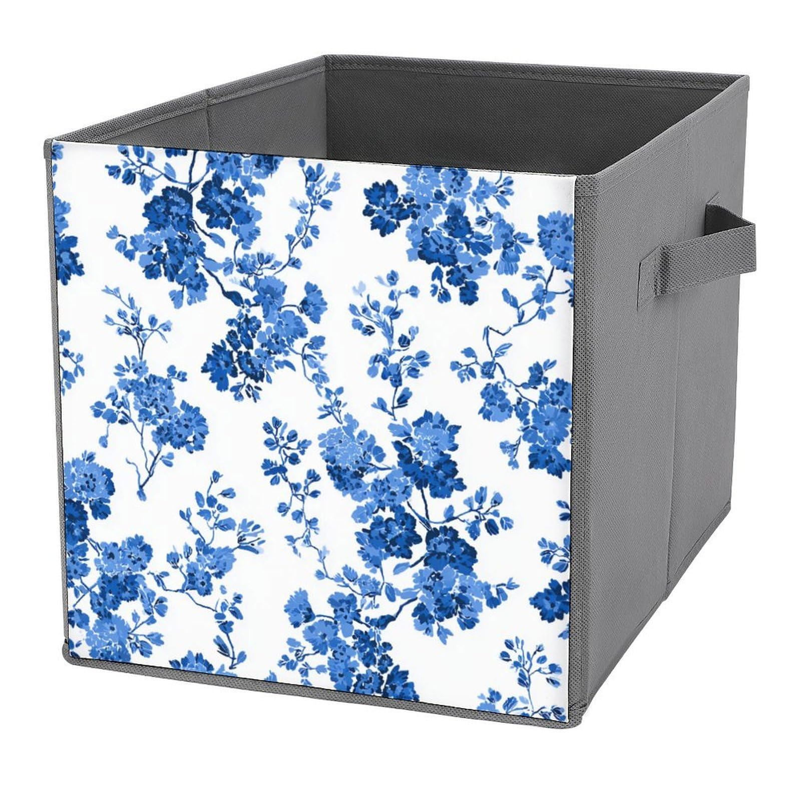 Jubonexis Tile Pattern Dense Blue Floral Clusters Cube Storage Bins Storage Cubes Foldable Decorative Fabric Storage Baskets Home Organizers with Handles for Shelves,Closet, 27x27 CM