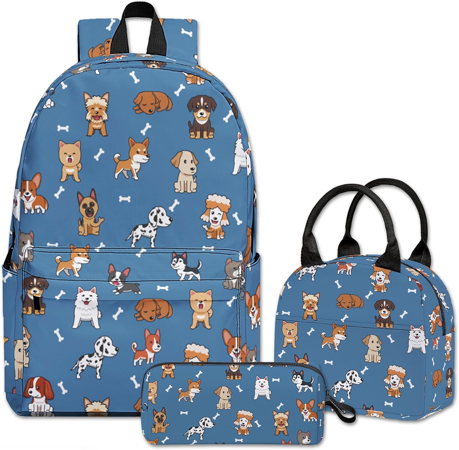 Tiannee Puppy Printed Backpack Set, 3 Piece Backpack Set with Lunch Box Pen Box for Boys Girls, High Capacity Bookbag Lunch Bag Pencil Case for Men Women Workplace Travel