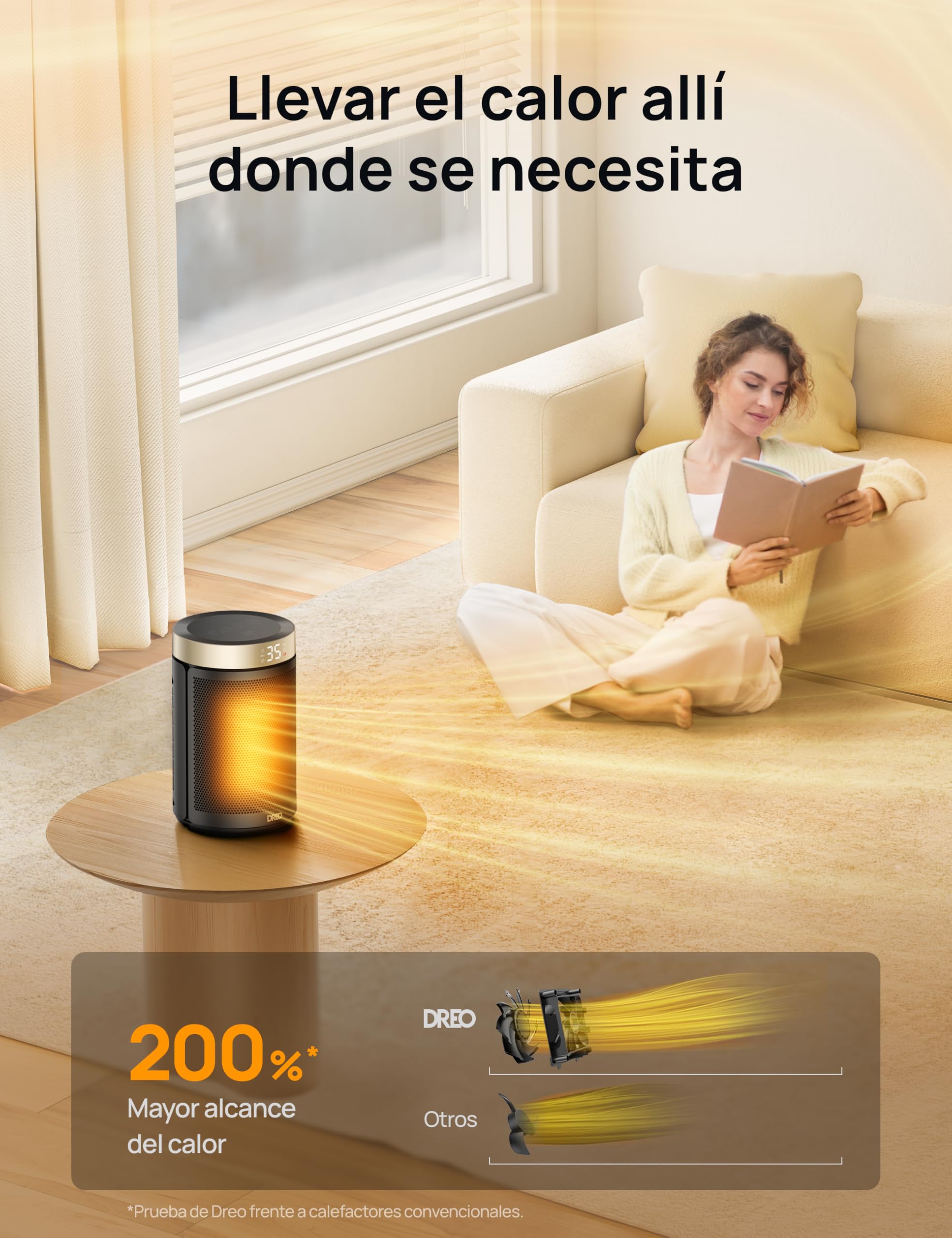 DREO Calefactor Cerámico de Bajo Consumo, Portátil con Termostato, Temporizador 12H, Modo Eco y Ventilador Silencioso, Calentador Eléctrico 1500W PTC Rápido y Seguro para Oficina, Dormitorio y Hogar