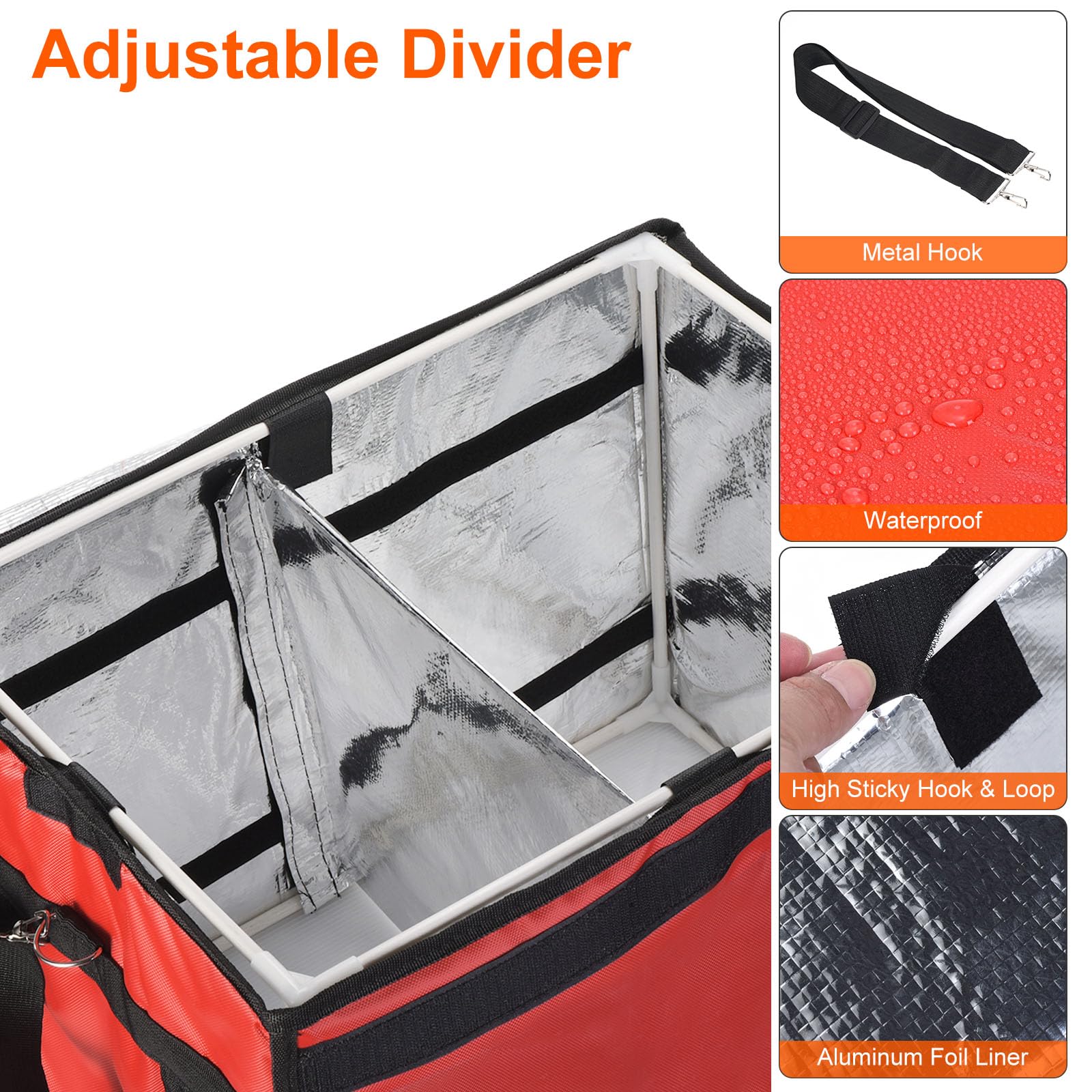 PATIKIL Térmica Bolsa para Alimentos Reparto, 19.7"x15"x15" Reparto Térmica Bolsa con Divisor, Catering Térmica Comida Bolsa para Pizza Caliente/Frio Comida, Rojo (62L)