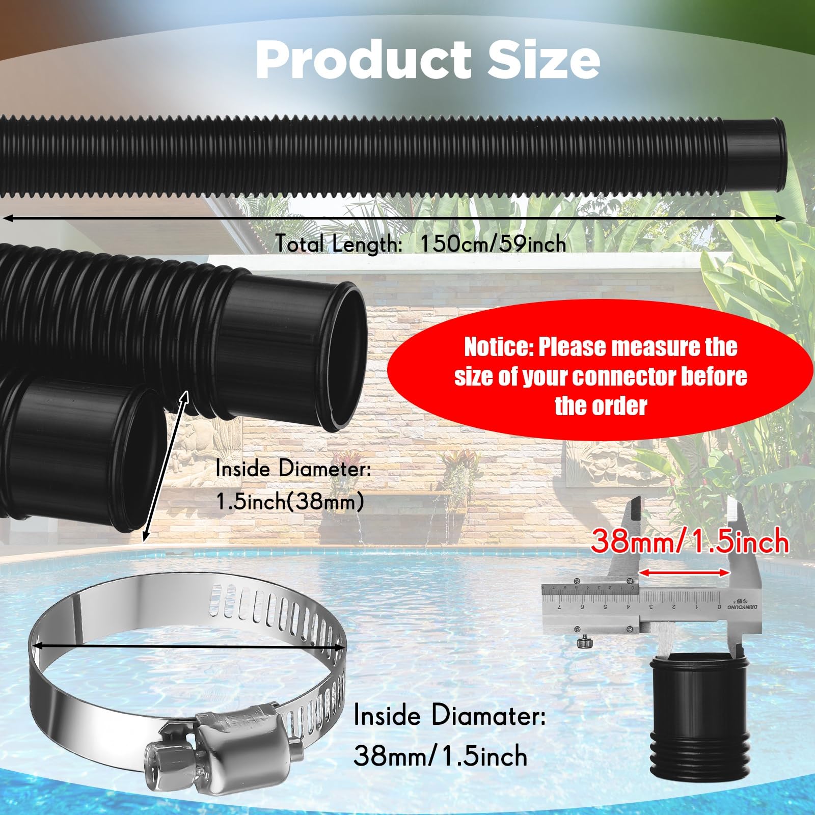 Jadive 4 Pcs Pool Hose for Above Ground Pools 1.5 Inches Diameter Pool Pump Replacement Hose 59 Inches Length Swimming Pool Hose with 8 Pcs Hose Clamps (Black)