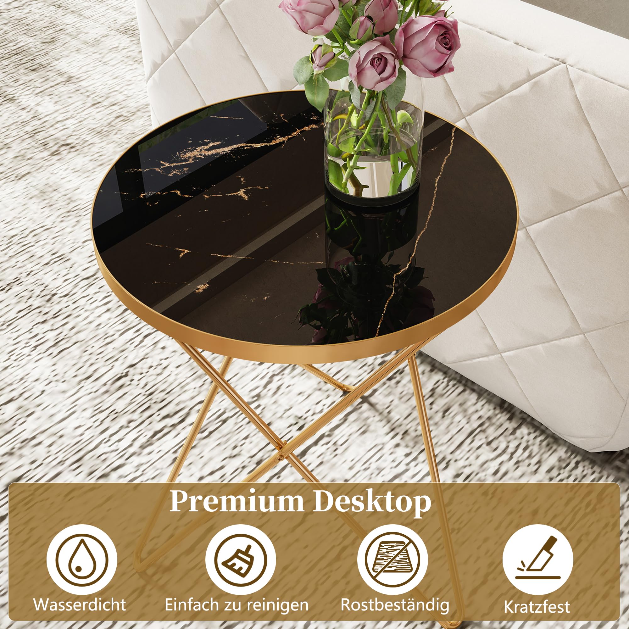 HOLTICO Runder Beistelltisch Schwarz/Gold – 80x80x46 Cm, Marmormuster, Gehärtetes Glas, Metallgestell, Für Wohnzimmer & Balkon
