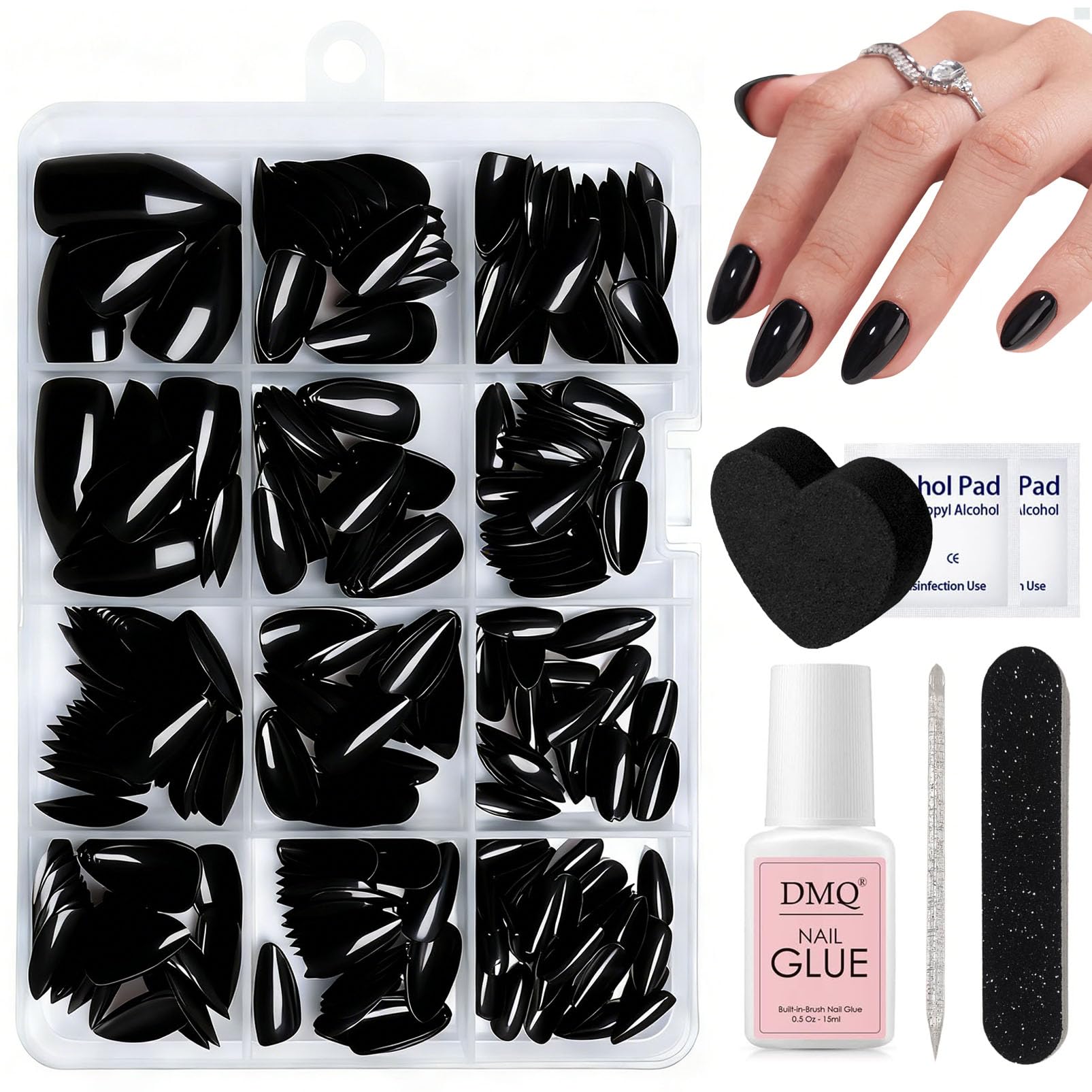 DMQ Black Press on Nails Short Set, 240Pcs Almond Black False Nails, Glossy Fake Nail, Full Cover Artificial Stick on Fingernails with Glue for Women Nail Art DIY