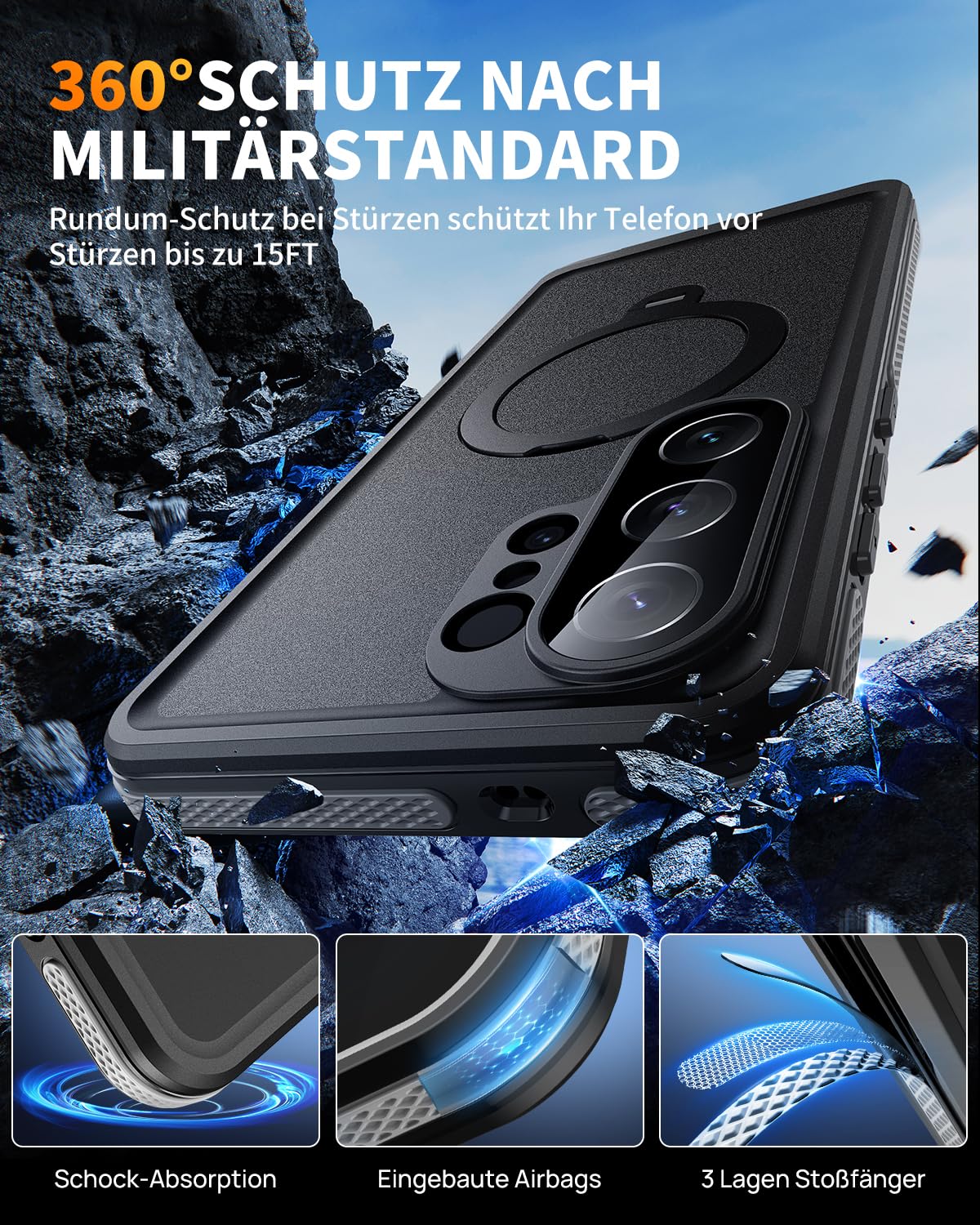für Samsung Galaxy S26 Ultra Hülle, IP68 Wasserdicht mit Ständer 360° Outdoor Schutzhülle für Magsafe, Staubdicht Panzerhülle mit Displayschutz Handyhülle für Samsung S26 Ultra Case, Schwarz