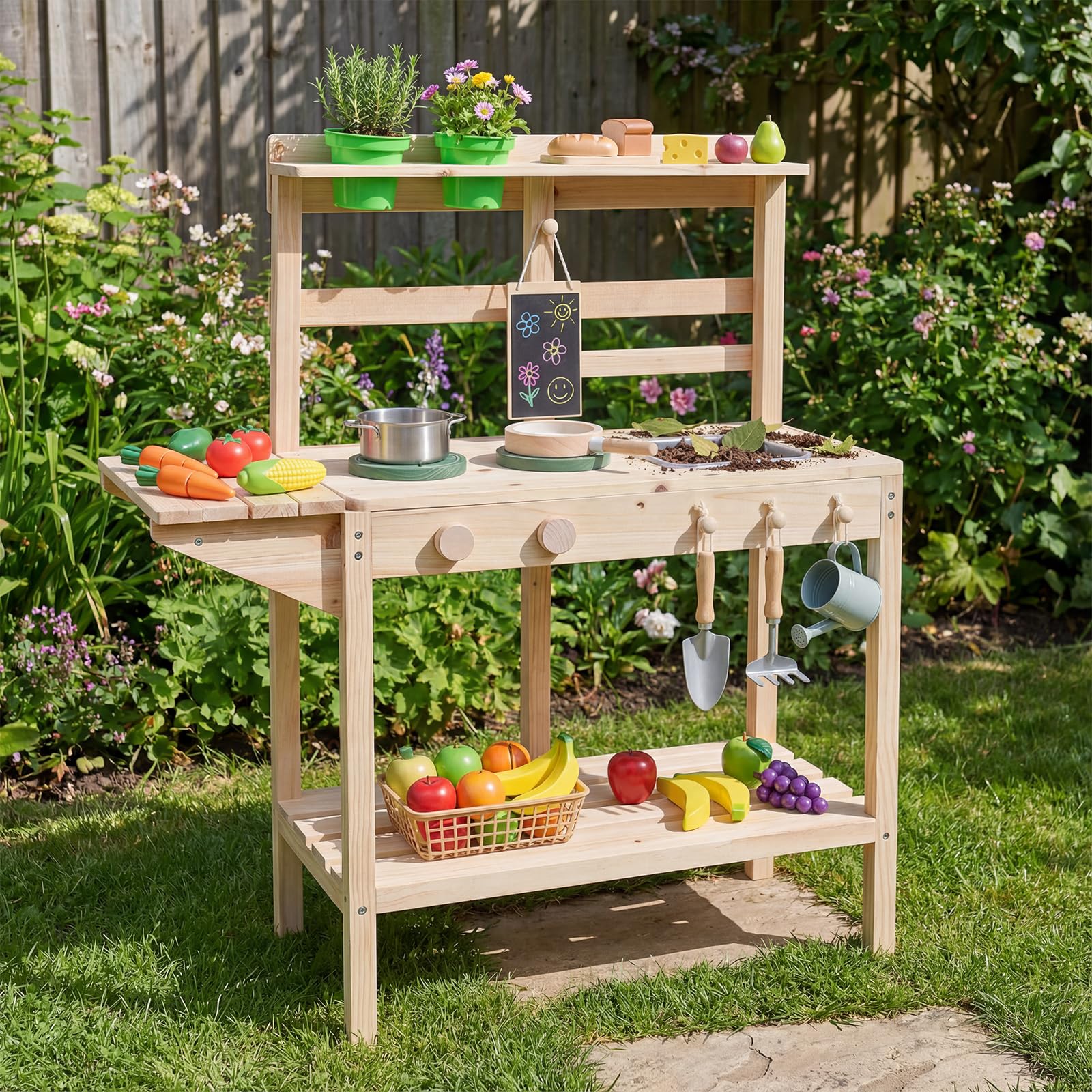 COSTWAY Cocina de Barro para Niños, Cocinita de Madera para Exterior con Fogones, Pomos Giratorios y Pizarra, Macetas, Estantes de Almacenaje, Cocinita Infantil de Barro para Niños de 3+ Años