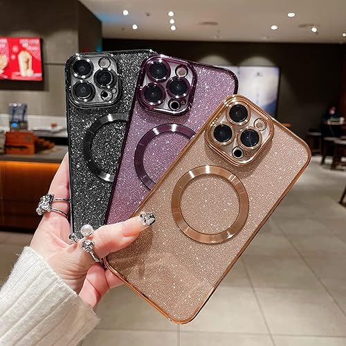 Miniatura 7 de aowner Funda magnética para iPhone 15 Pro con purpurina, chapado de lujo brillante con protector de lente de cámara, compatible con MagSafe, delgada