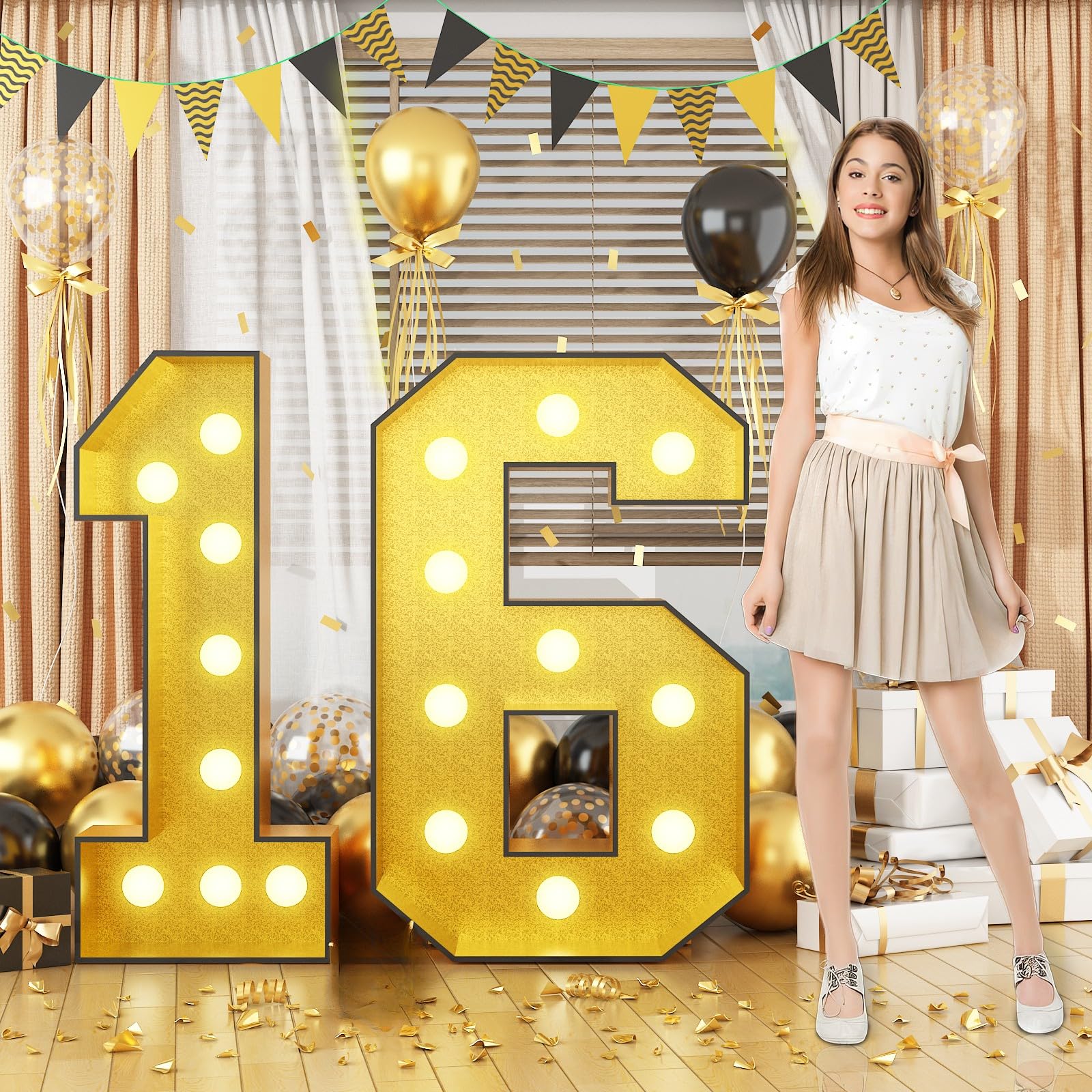 Biapian 4FT Marquee 16 Numbers, Light Up Numbers 16 Mosaic Numbers Glitter Gold Black Light Up Letter Pre-Cut Foam Board Sign Marquee for 16th