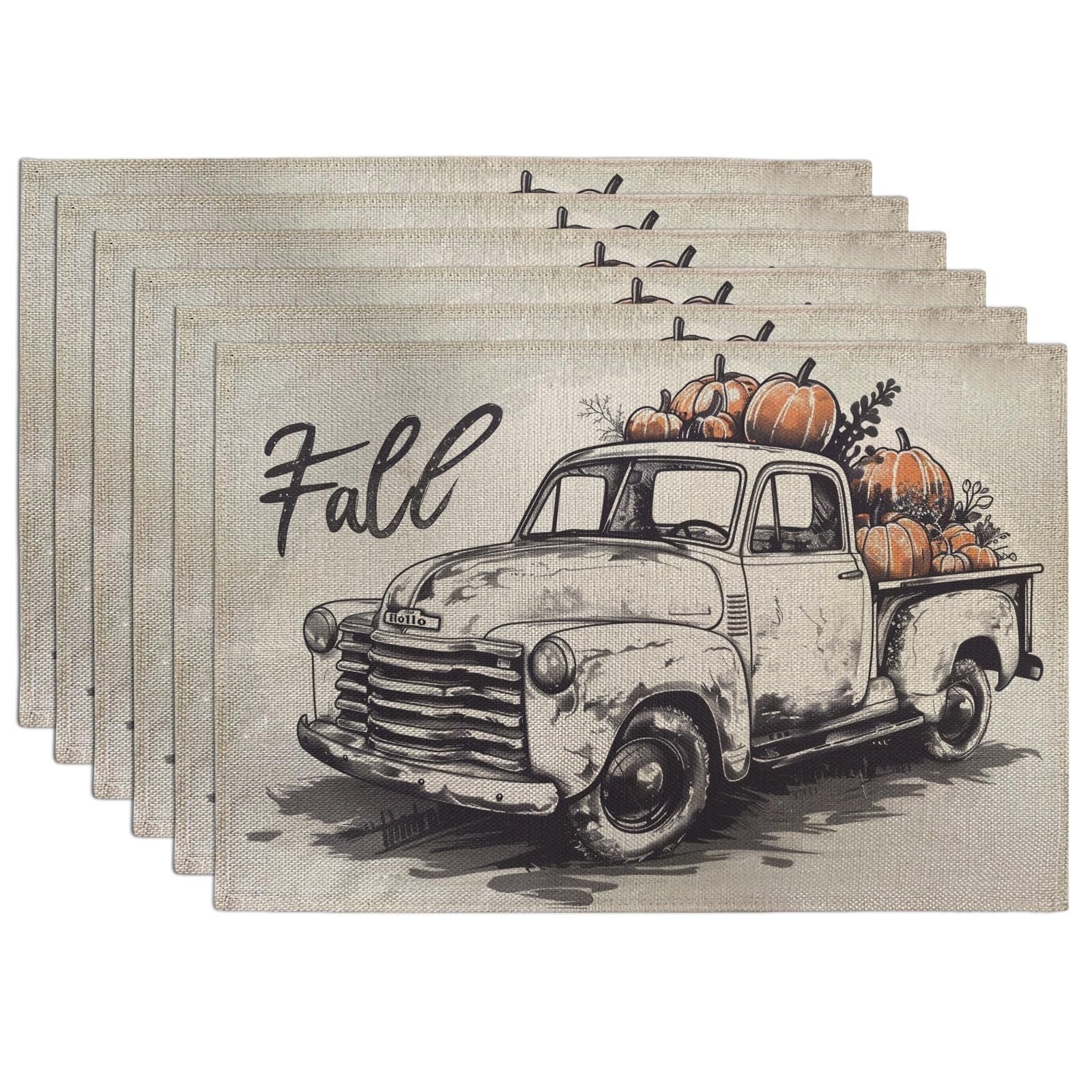 Fall Vintage Truck Placemats, Beige Rustic Pumpkin Place mats for Dining Table, Non-Slip Washable Indoor Outdoor Festive Decorative Placemat Set of 6