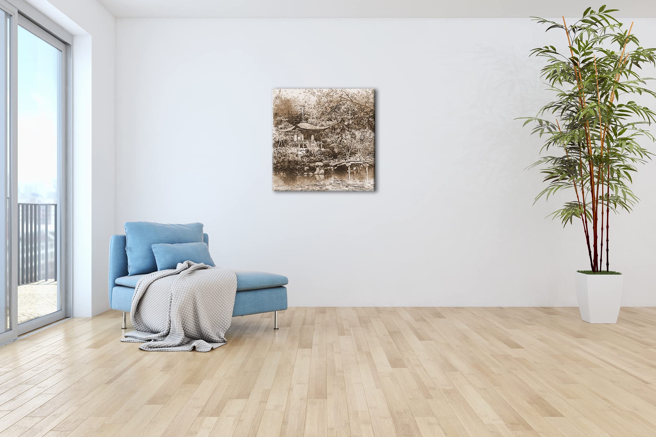 Effet jardin japonais traditionnel : sépia, format : 70 x 70 cm, motif monté sur cadre en bois véritable, impression numérique de haute qualité, pas de poster ni d'affiche.