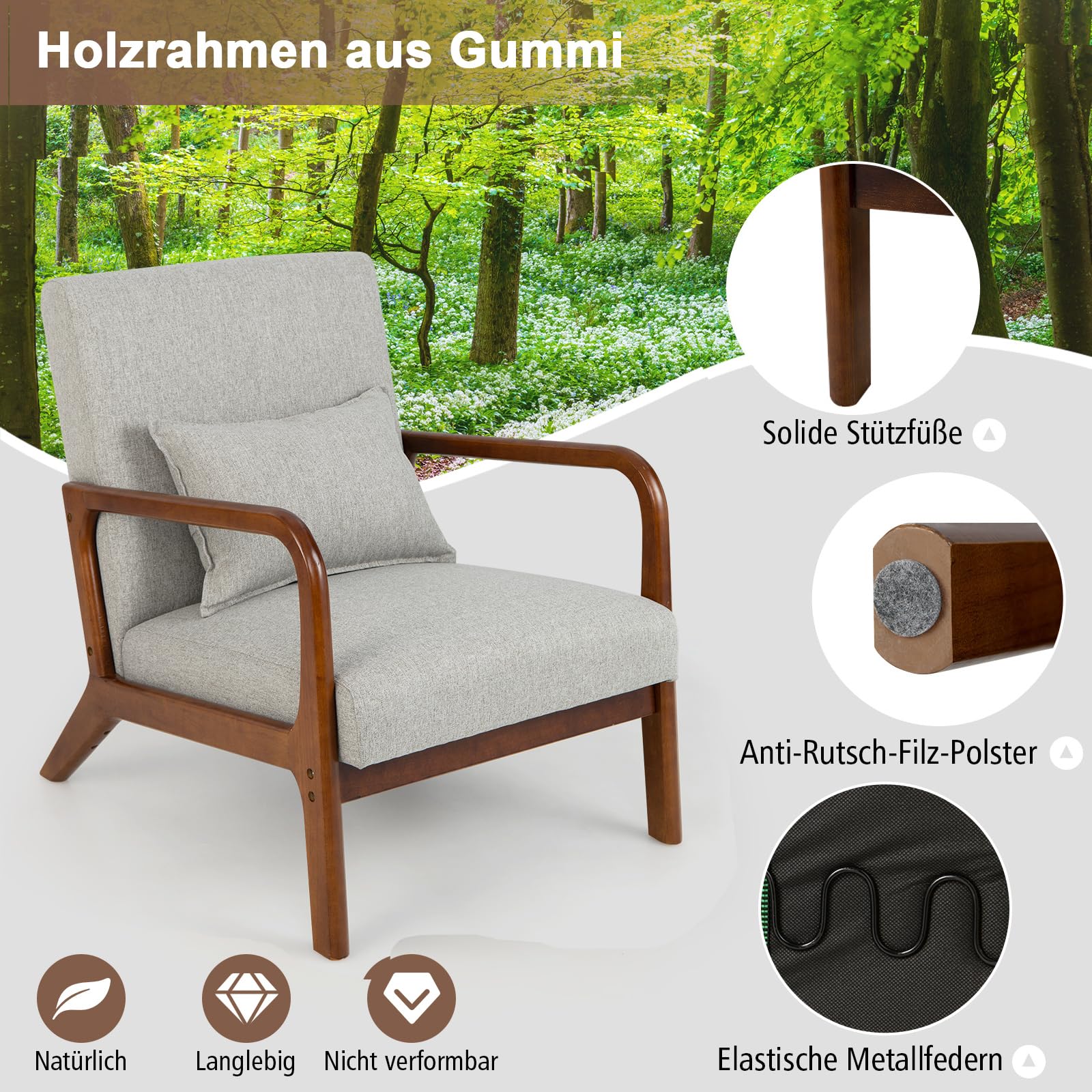 RELAX4LIFE Loungesessel Gepolstert, Akzentstuhl mit Massivholzrahmen, Relaxsessel mit Kissen Rückenlehne Armlehnen, bis 200 kg belastbar, Polstersessel für Wohnzimmer Schlafzimmer Büro (Grau)