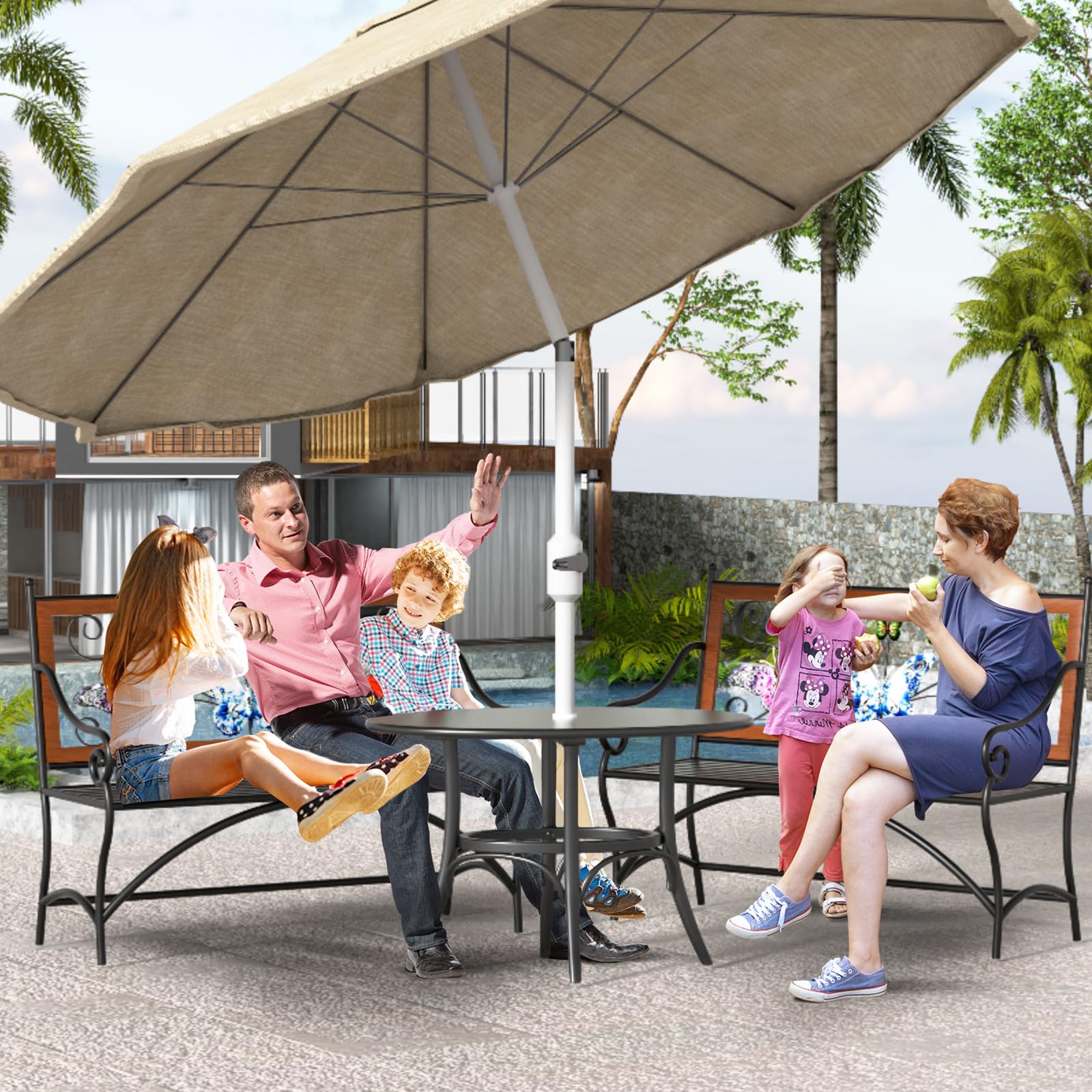 Banco para exteriores de 39.7 pulgadas, banco de jardín, banco de patio con reposabrazos, asiento de listones y respaldo con patrón de mariposa para exterior, porche delantero, parque, césped, patio 4