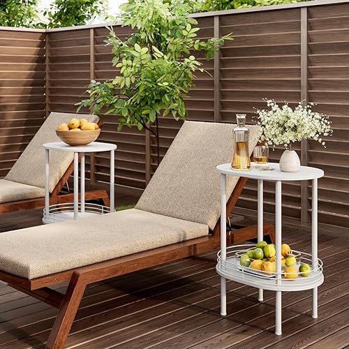 Miniatura 6 de Pequeña y moderna mesa auxiliar redonda con almacenamiento, mesas auxiliares de 2 niveles para sala de estar, mesita de noche resistente para