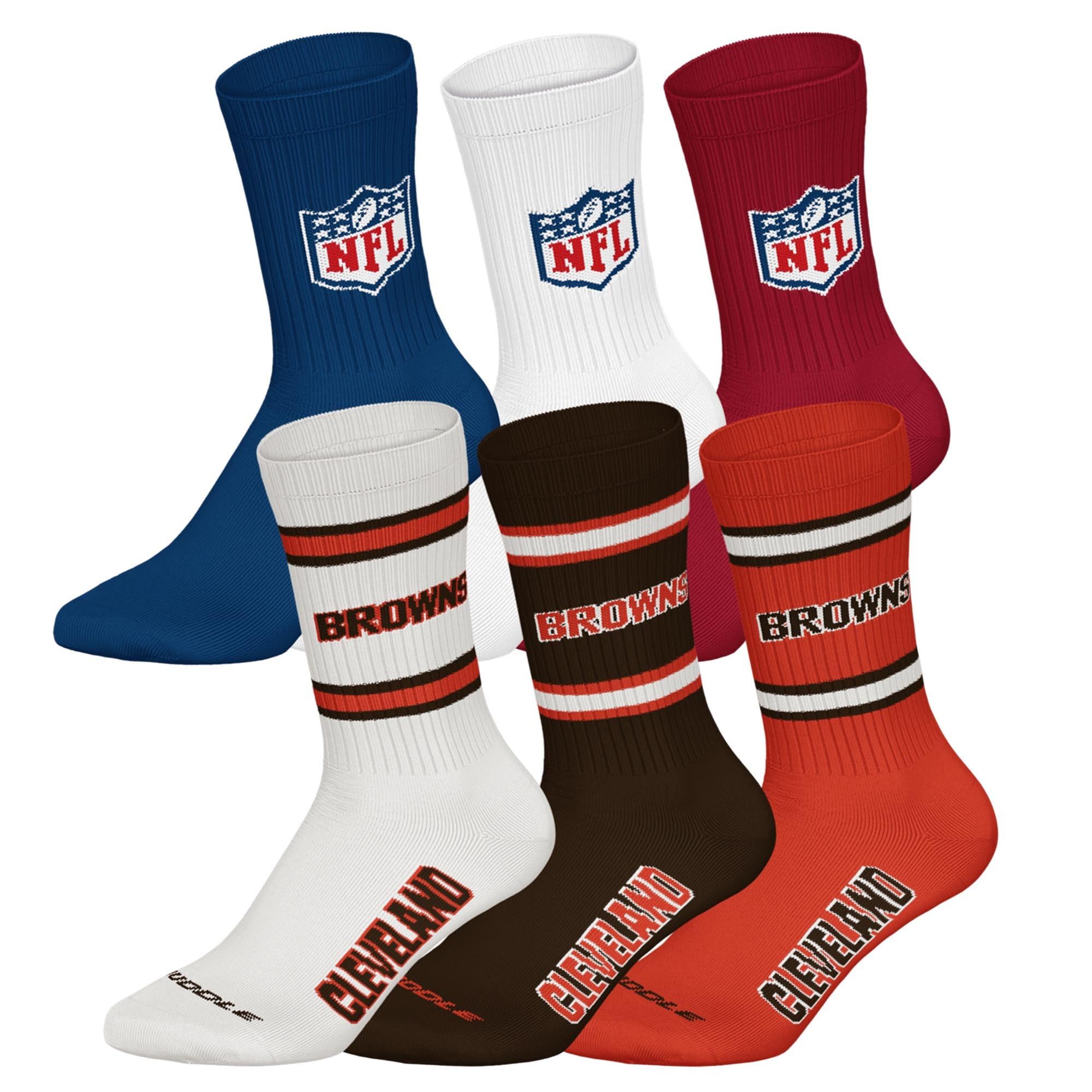 NFL Unisex Team Crew Socks, Cleveland Browns, Mix, 43-46, Pack of 6
