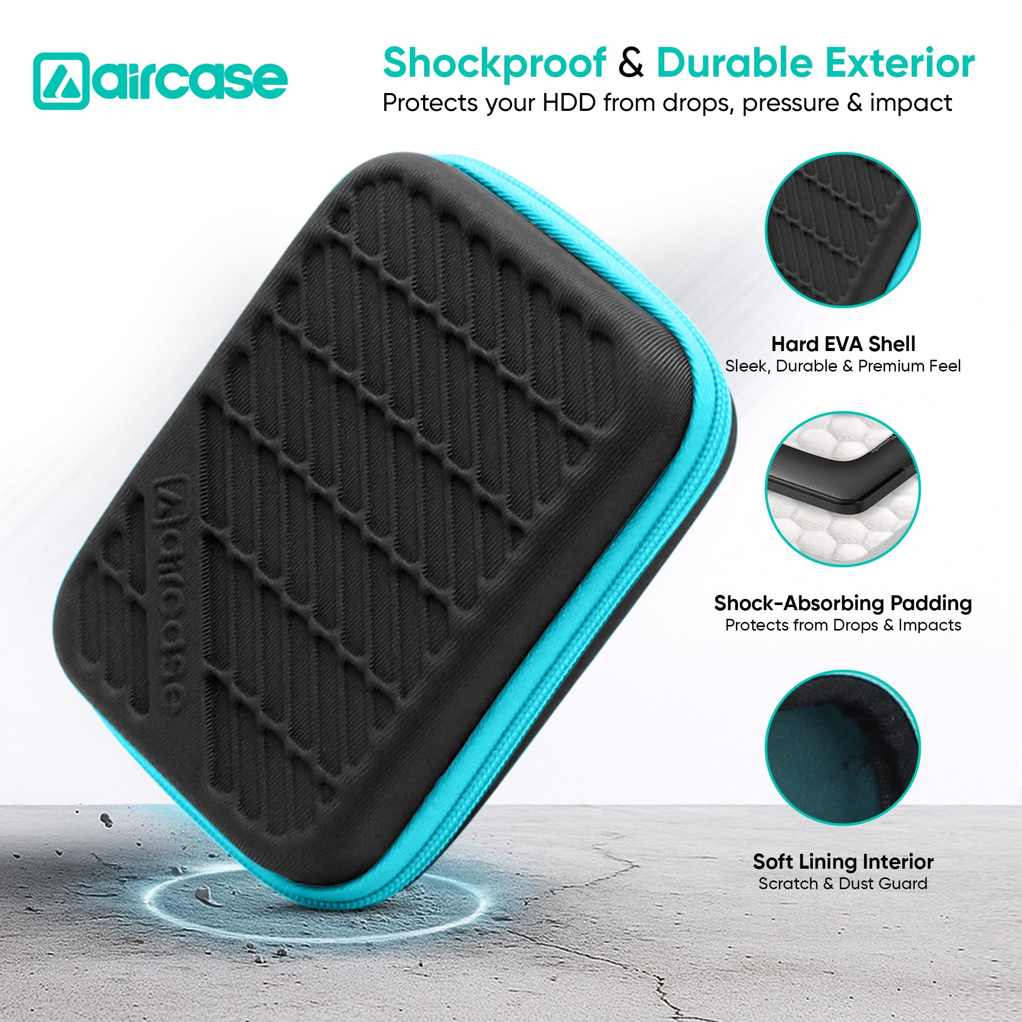 AirCase Hard Disk Cover Case 2.5 Inch HDD SSD - Double Padded EVA Hardshell | Fits 2 Drives | Mesh Pocket for USB Cable, Earphone, Charger | Travel Organiser (Black) — Amazon image 2