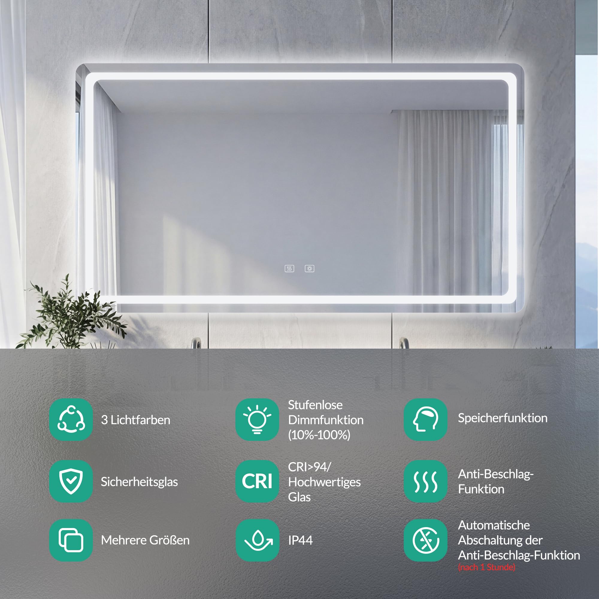 Badspiegel mit Beleuchtung - Wandspiegel mit 3 Farben & Dimmbare Helligkeit, Touch-Schalter mit Antibeschlag & Memory, HD Silber-Spiegel, 120x70cm, Badezimmer Spiegel mit Beleuchtung