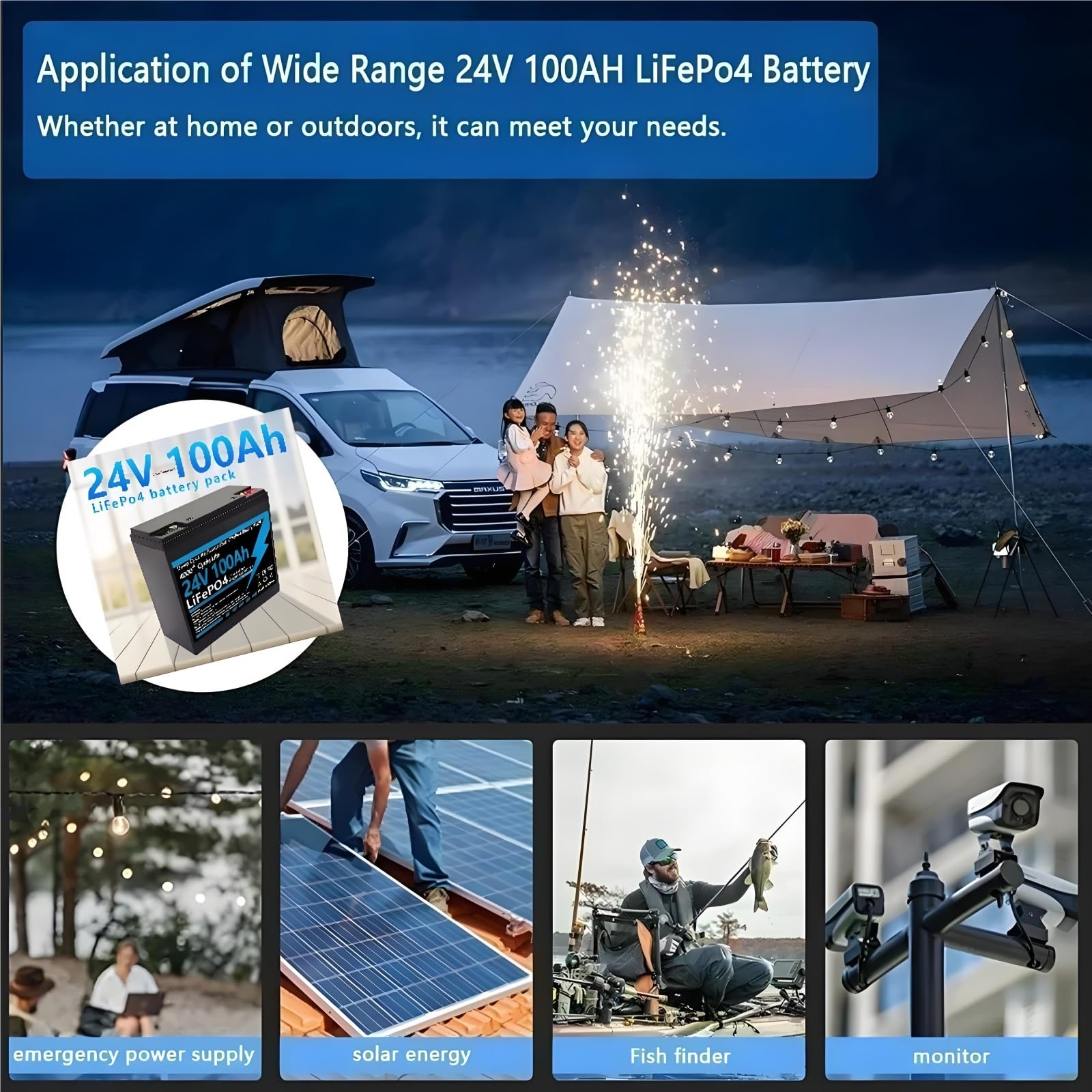 Batteria LiFePO4 24V 100Ah Pacco Litio Per Camper Sistema Solare Campeggio Accumulo Energia Progetti Fai Da Te 6000 Cicli Celle Grade A Con BMS 100A Integrato Scocca ABS 2400Wh