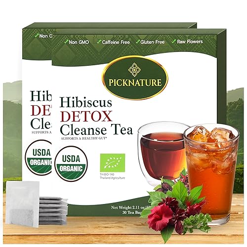 PICKNATURE USDA Organic Hibiscus Detox Cleanse Tea Recién recogido de Tailandia  60 bolsas de té (paquete de más de 200 tazas)  Regalos de té de