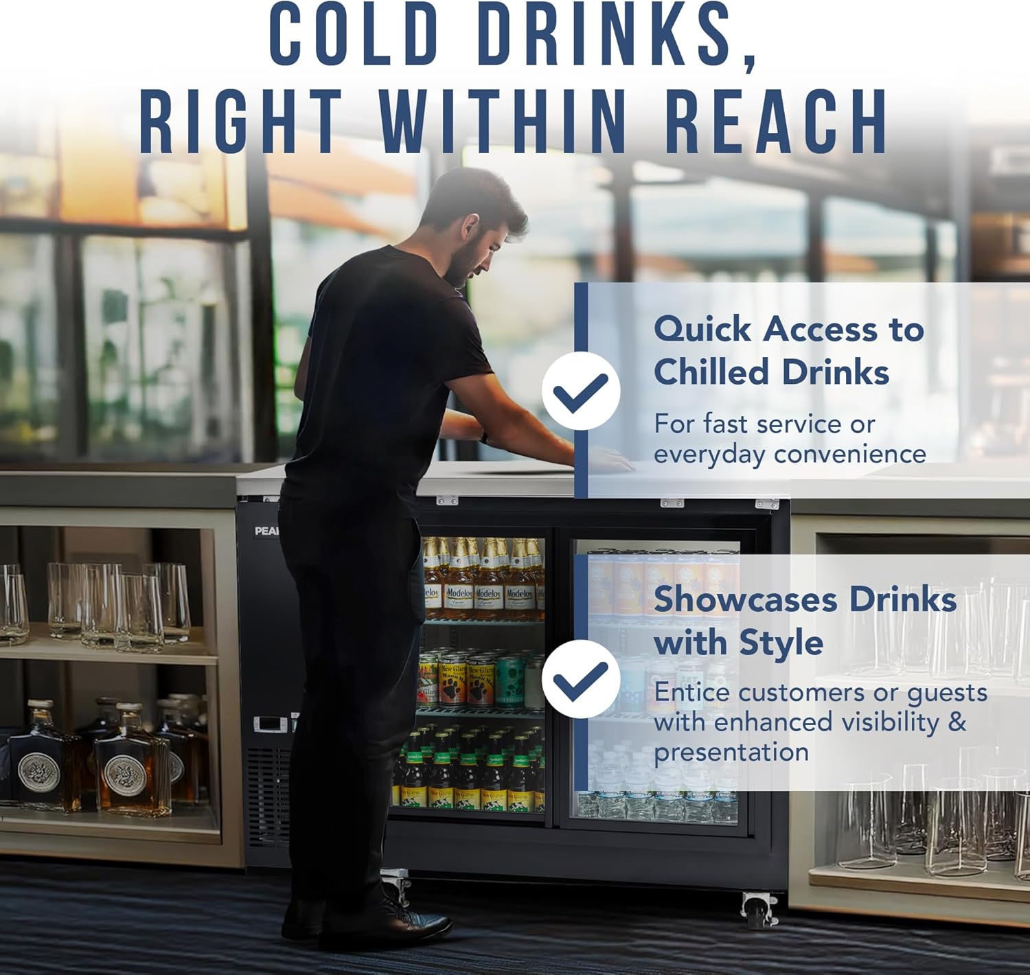 PEAKCOLD Sliding 2-Door Counter Height Beverage Refrigerator - 49" Wide Energy Efficient Black Beer Fridge With Glass Doors & White LED Lighting - Commercial Back Bar Cooler