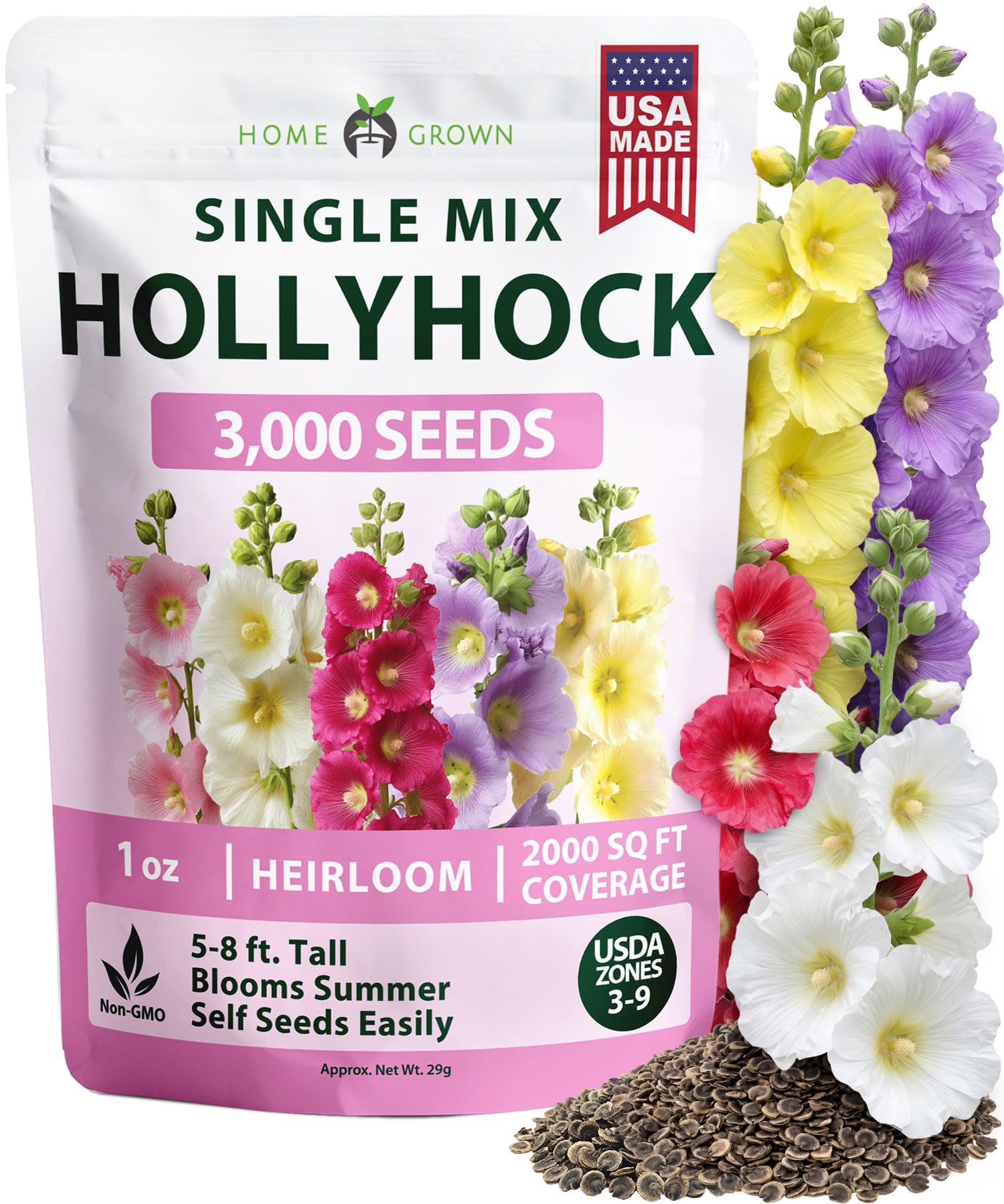 HOME GROWN Hollyhock Single Mix 3000 Flower Seeds 1 oz