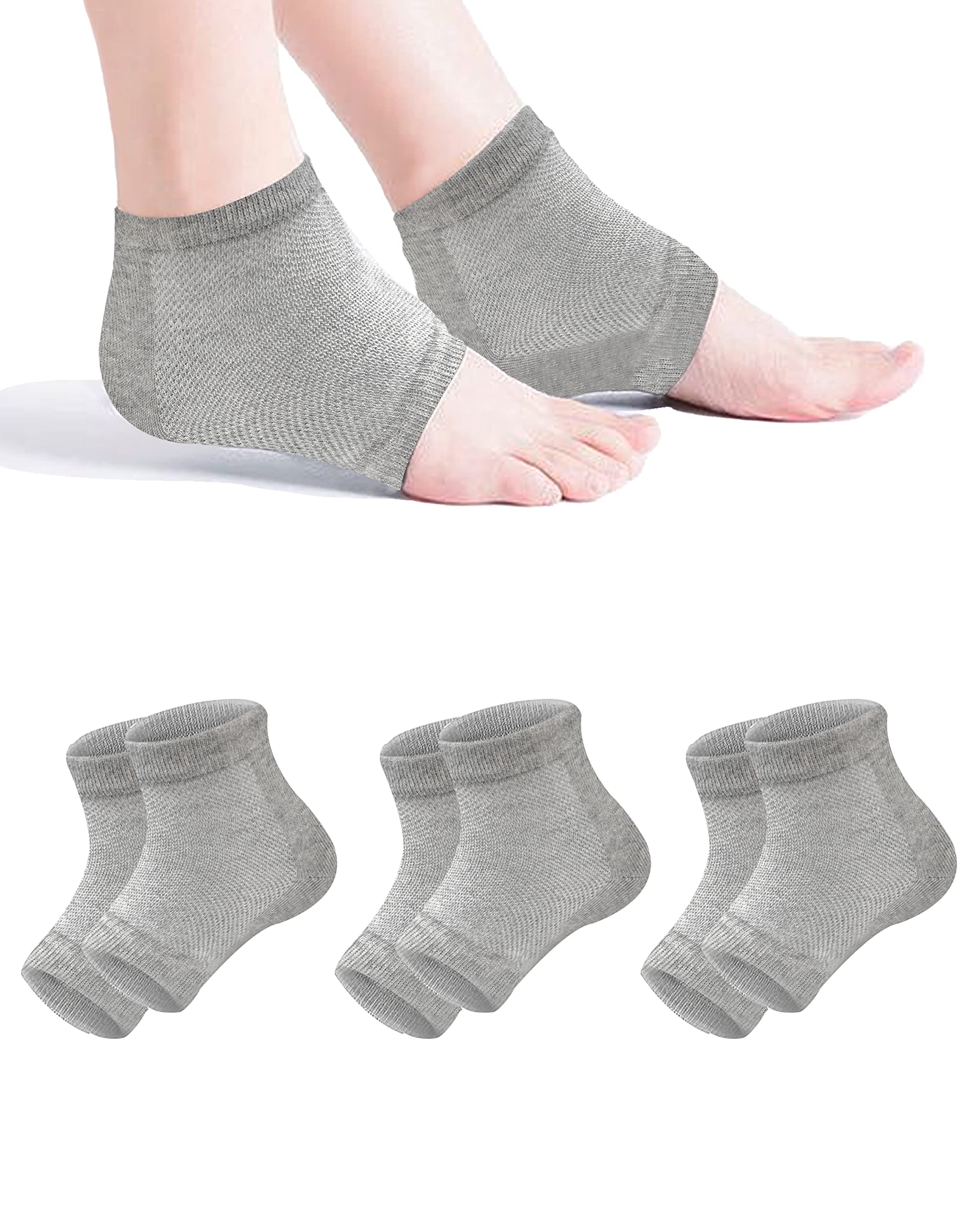 MoHern Moisturizing Socks, 3 Pairs Gel Heel Socks for Dry Cracked Feet Women, Grey Spa Socks for Women Moisturizing