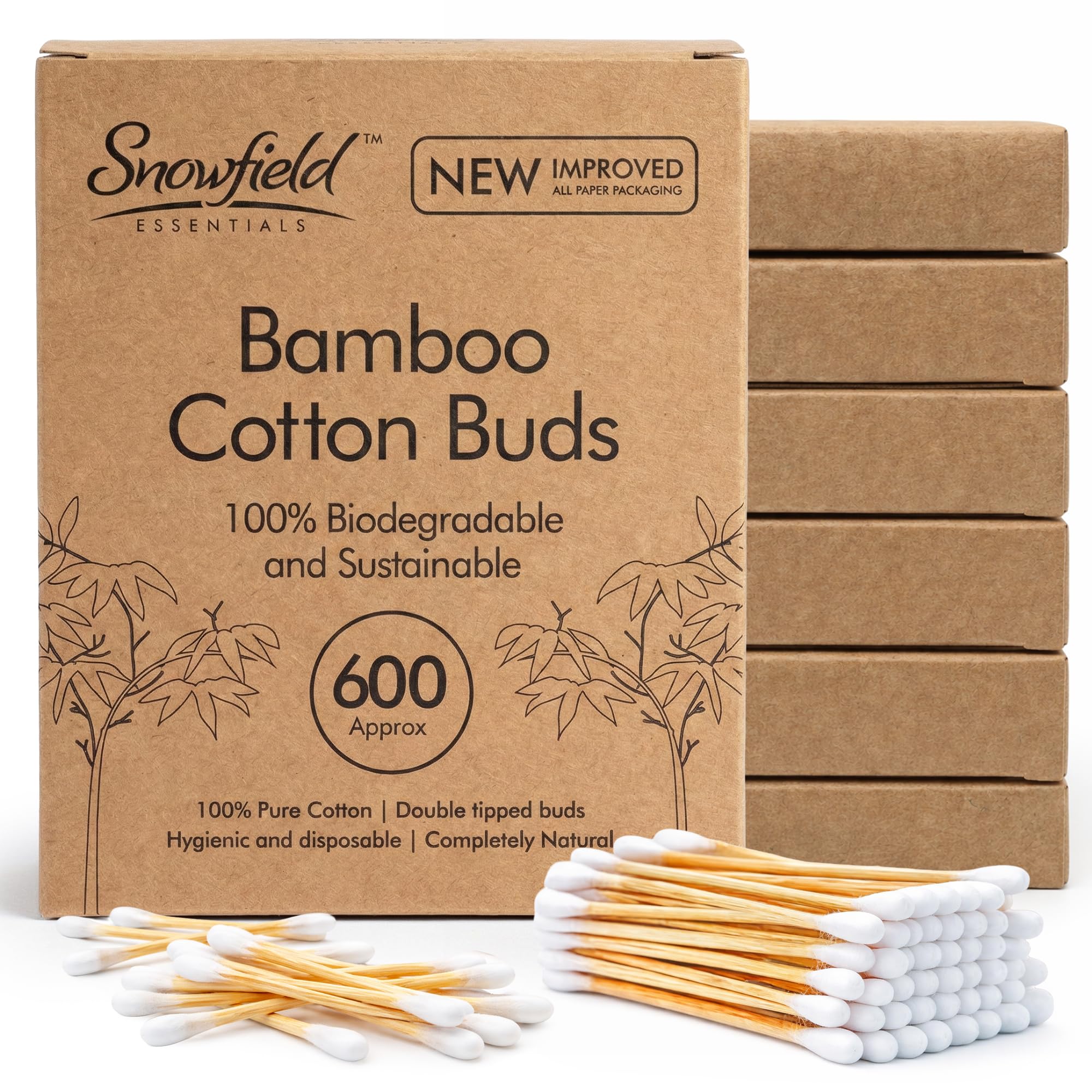 600pcs Bamboo Cotton Buds for Ear Cleaning - 100% Eco-Friendly Biodegradable & Sustainable Multipurpose Wool Swabs for Makeup Application, Wound and Baby Care, Personal Hygiene and Craft Use (6x100pk)