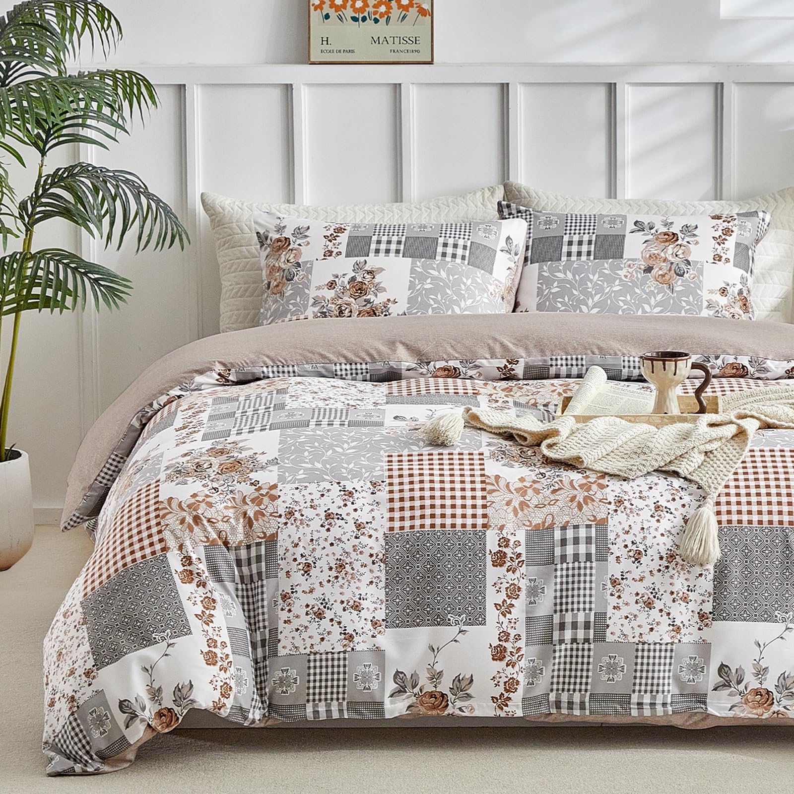 Tokokimo Duvet Cover for 135/150 cm Bed, Patchwork Flowers Pattern Duvet Cover, 3 Pieces Composed of 1 Duvet Cover 220 x 240 cm + 2 Pillowcases 50 x 75 cm, Light Beige — image 1