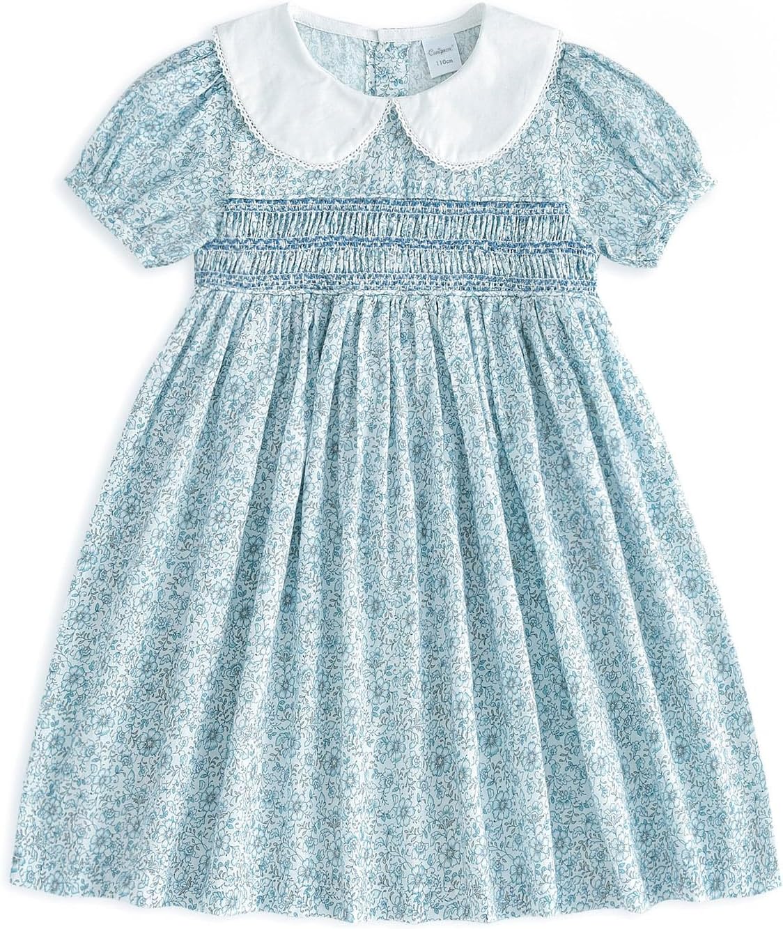 Curipeer Little Girls Summer Floral Dress Handmade Smocking Short Sleeve Summer Beach Dress Blue 8T