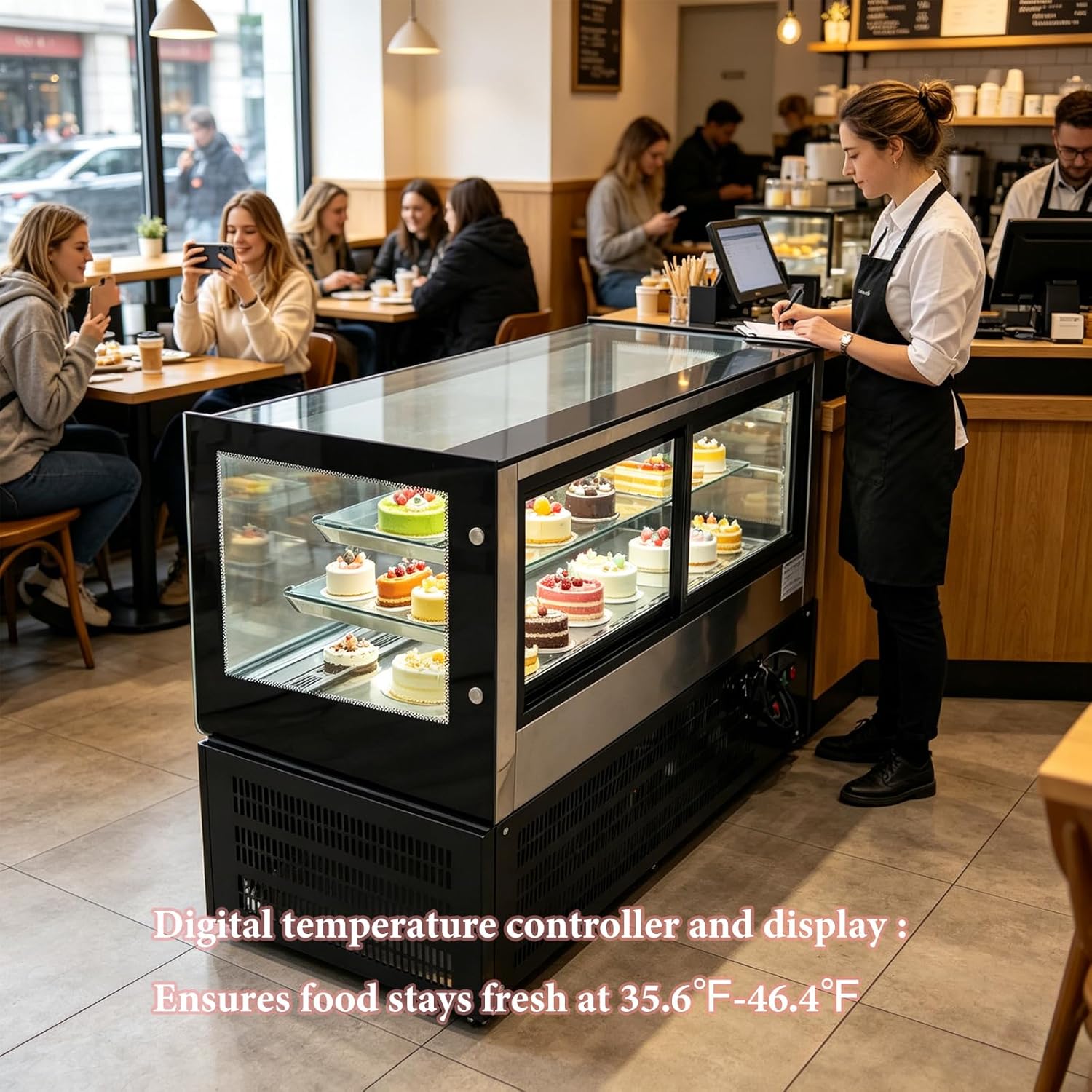 220V 315W Commercial Bakery Display Case with Glass Door, 180L Stainless Steel Cake Cooler Refrigerator with LED Lighting and Anti-Fog Front Window for Supermarket, Hotel, Store