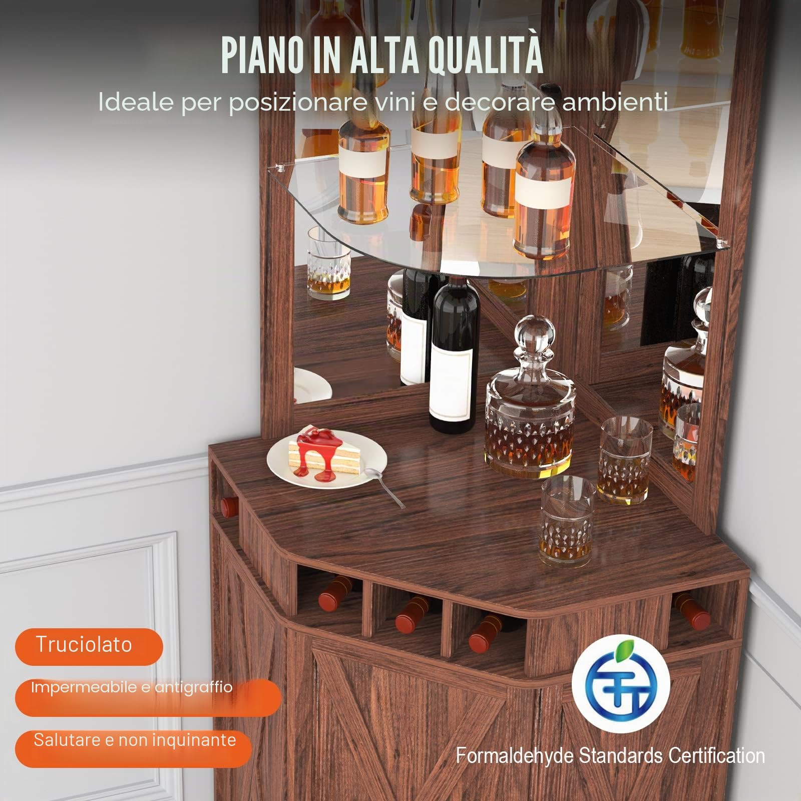 VEVOR Mobile Bar Industriale ad Angolo, Tavolo da Vino per Liquori e Bicchieri, Credenza Buffet con Porta Bicchieri, Mobile Bar Indipendente in Legno per Soggiorno, Bar di Casa, Noce Nera