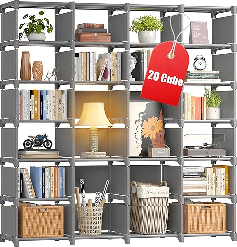 REIBII Librería, estantería para libros, estantería, 20 estanterías, librerías, estuche de libros de bricolaje, estantería gris, estantería alta,
