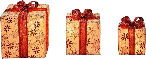 Juego de 3 cajas de regalo de Navidad con diseño floral de arpillera iluminada, para decoración navideña al aire libre