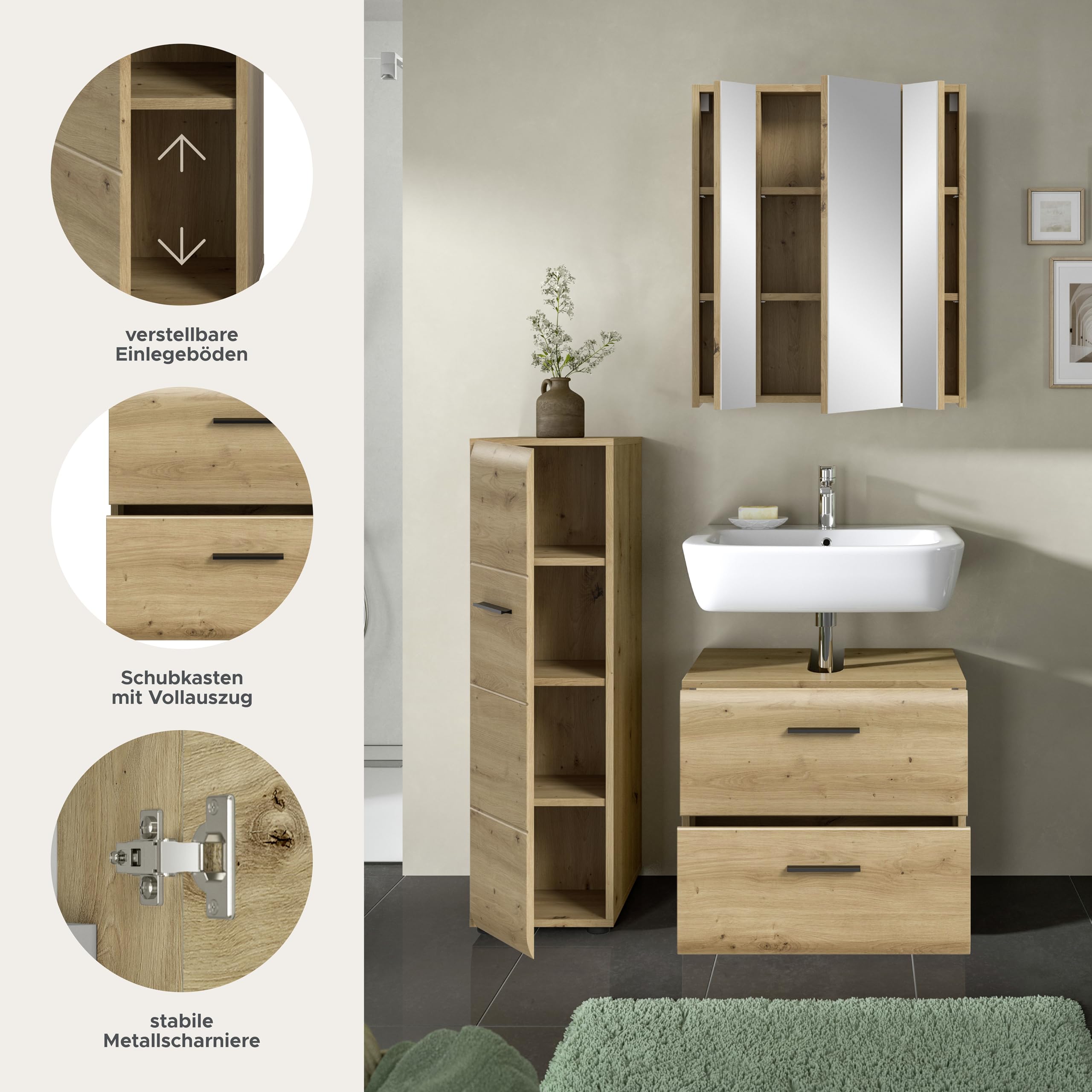 xonox.home – 3 TLG. Badezimmerkombination Ice 105x185x30 cm in Korpus und Front Artisan Oak Nachbildung – Hochwertige Badmöbel-Kombi – modern – Bild 7