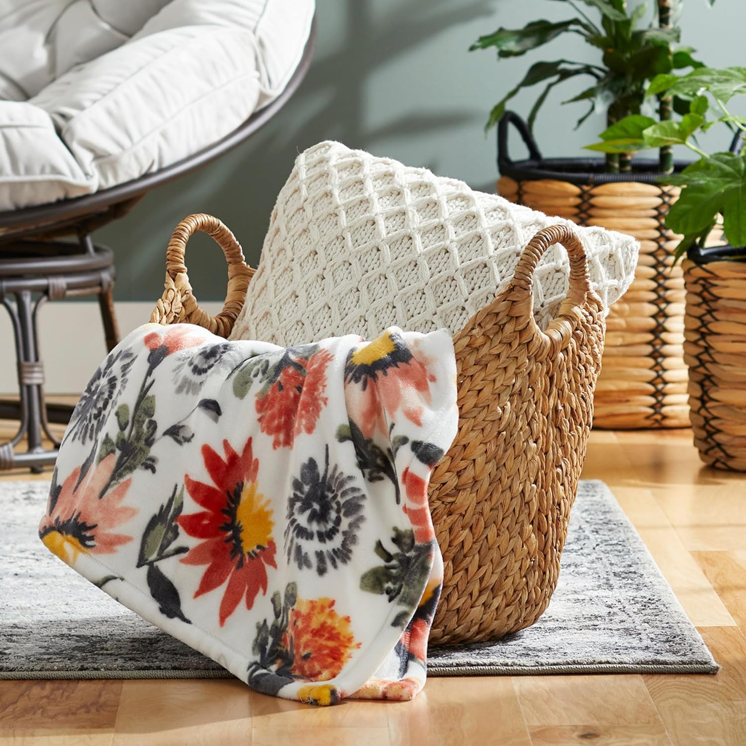 Extra Large Water Hyacinth Woven Storage Basket, 19.3"x14.2"x16.9" Decorative Wicker Organizer with Handles and Durable Steel Frame for Living Room & Bedroom