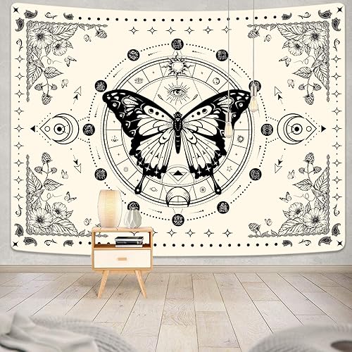 Miniatura 4 de Tapiz de esqueleto y mariposa, diseño de calavera en blanco y negro, diseño de hongos, tapiz estético hippie para colgar en la pared para